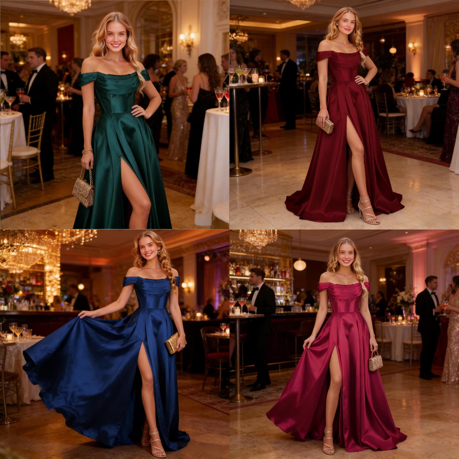 Off spalla raso Prom abiti con fessura senza spalline una linea corsetto abiti da ballo lunghi abiti da sera formale con tasche