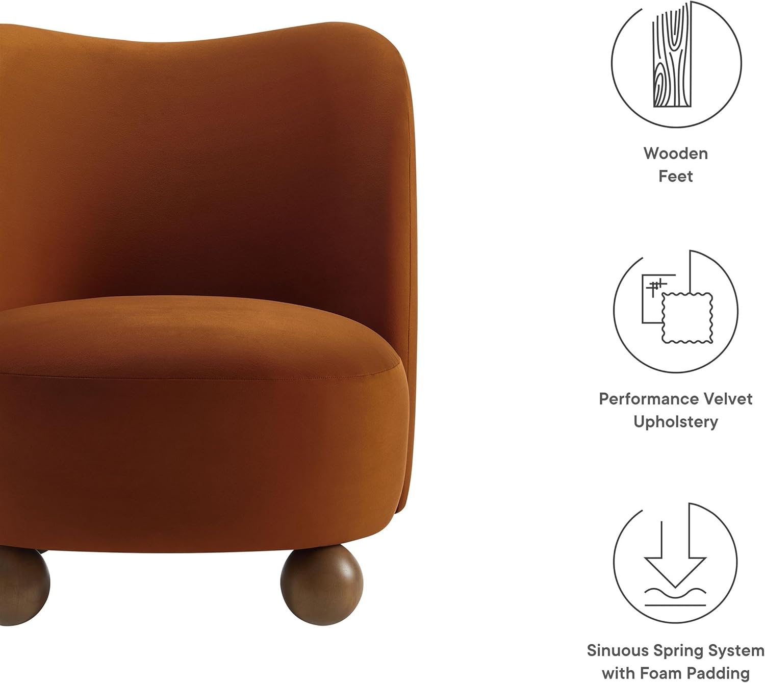 Modway Monroe Performance Velvet Accent Chair in Rust Walnut - Upholstered Stain-Resistant Barrel Chair - Comfy Lounge Chair - Oversized Round Armless Reading Chair for Living Room