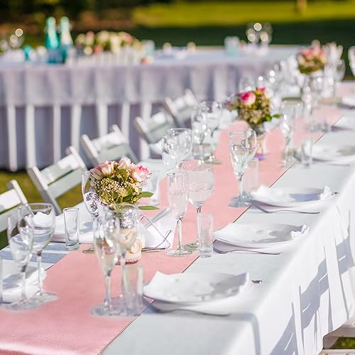 Miniatura 6 de Tudomro Juego de 12 manteles de plástico desechables de color blanco y oro rosa y camino de mesa de satén, mantel de 54 x 108 pulgadas, caminos de