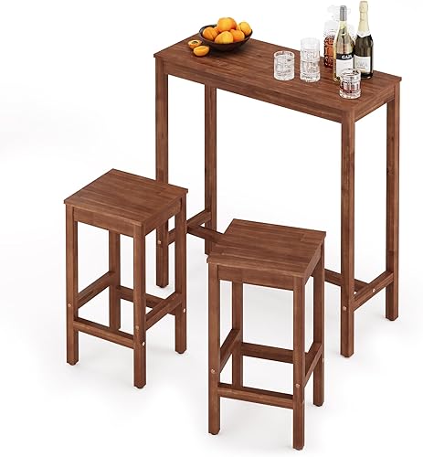 Juego de mesa y sillas de bar de 38 pulgadas, mesa de pub de madera de acacia con 2 taburetes, juego de mesa rectangular de altura de mostrador para