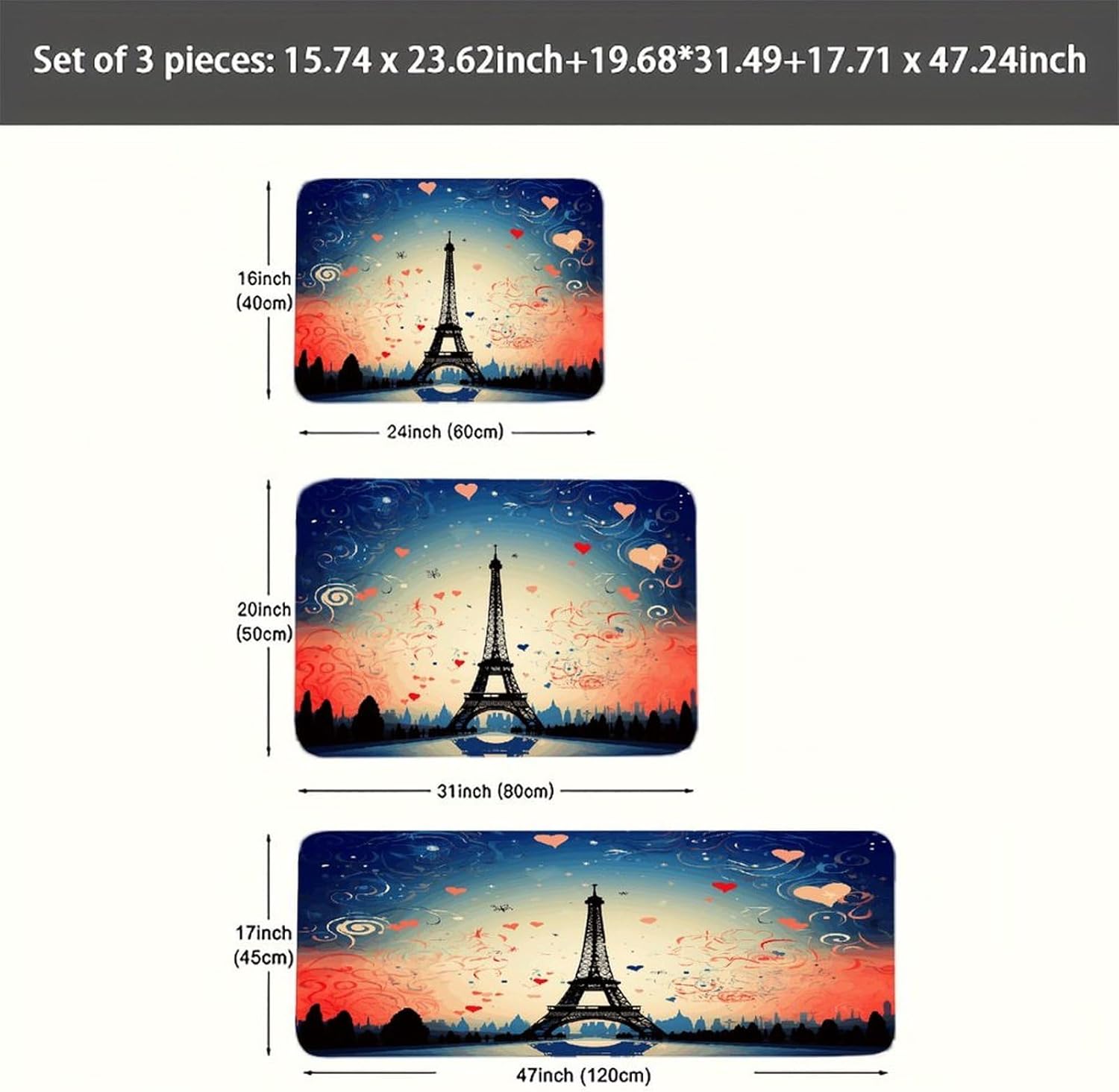 Paris Pattern Kitchen Rugs Set of 3 Non Slip Washable Kitchen Mats for Floor Soft Area Rug Kitchen Floor Mat Cushioned Anti Fatigue Mats Standing Sink Mat Decor Runner Rugs