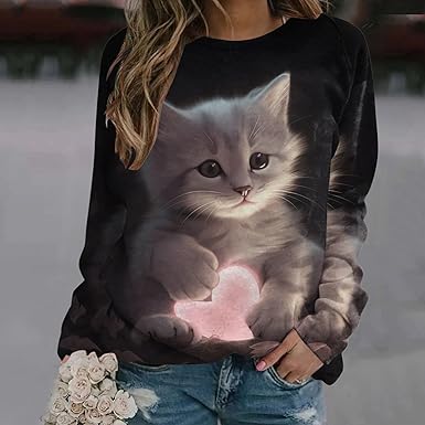 トラバス Glutton cat PO猫プリントスウェットシャツ トレーナー トレーナー スウェット 猫プリントスウェット レディース