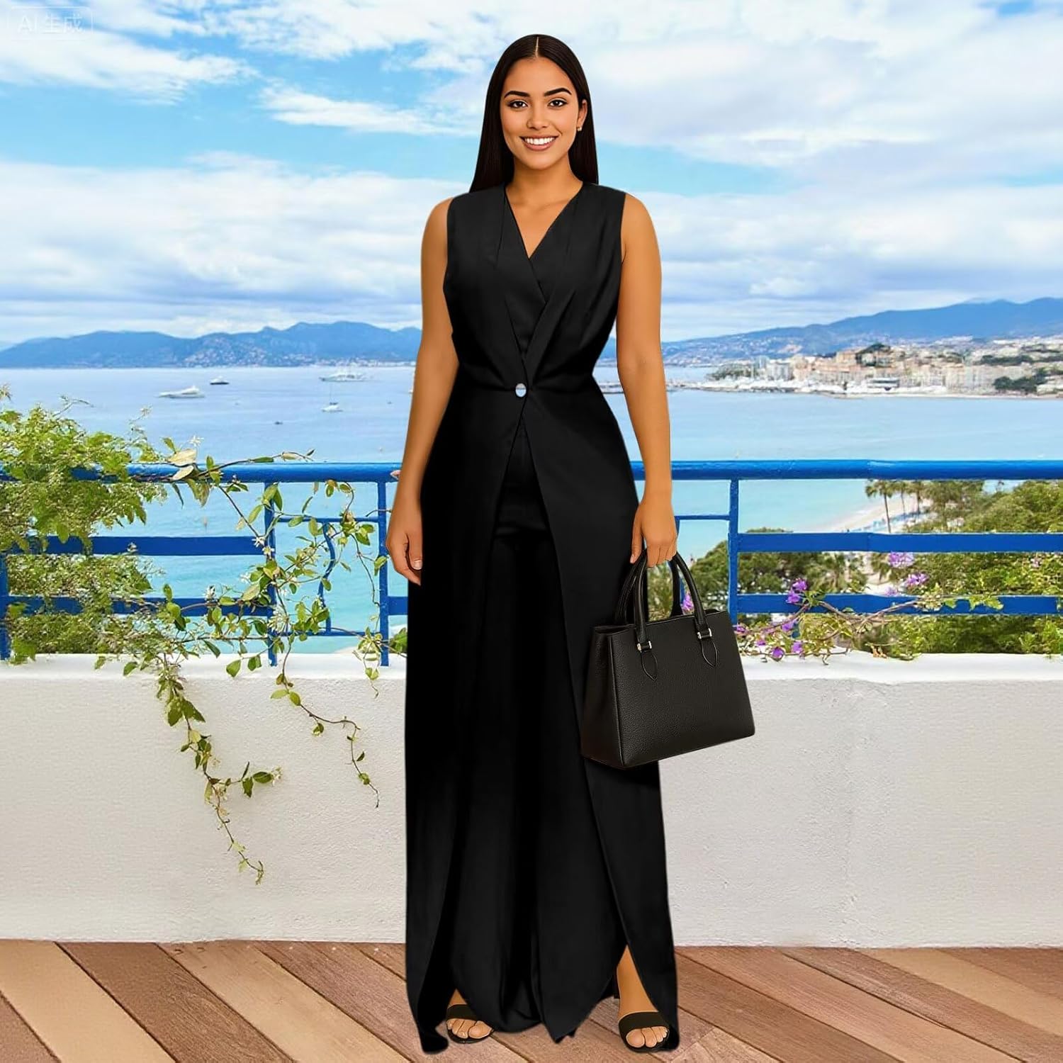 Women Dressy Jumpsuits Formal Casual V Neck Button Front Split Wide Leg Jumpsuit Romper Fall Outfits - Image 6
