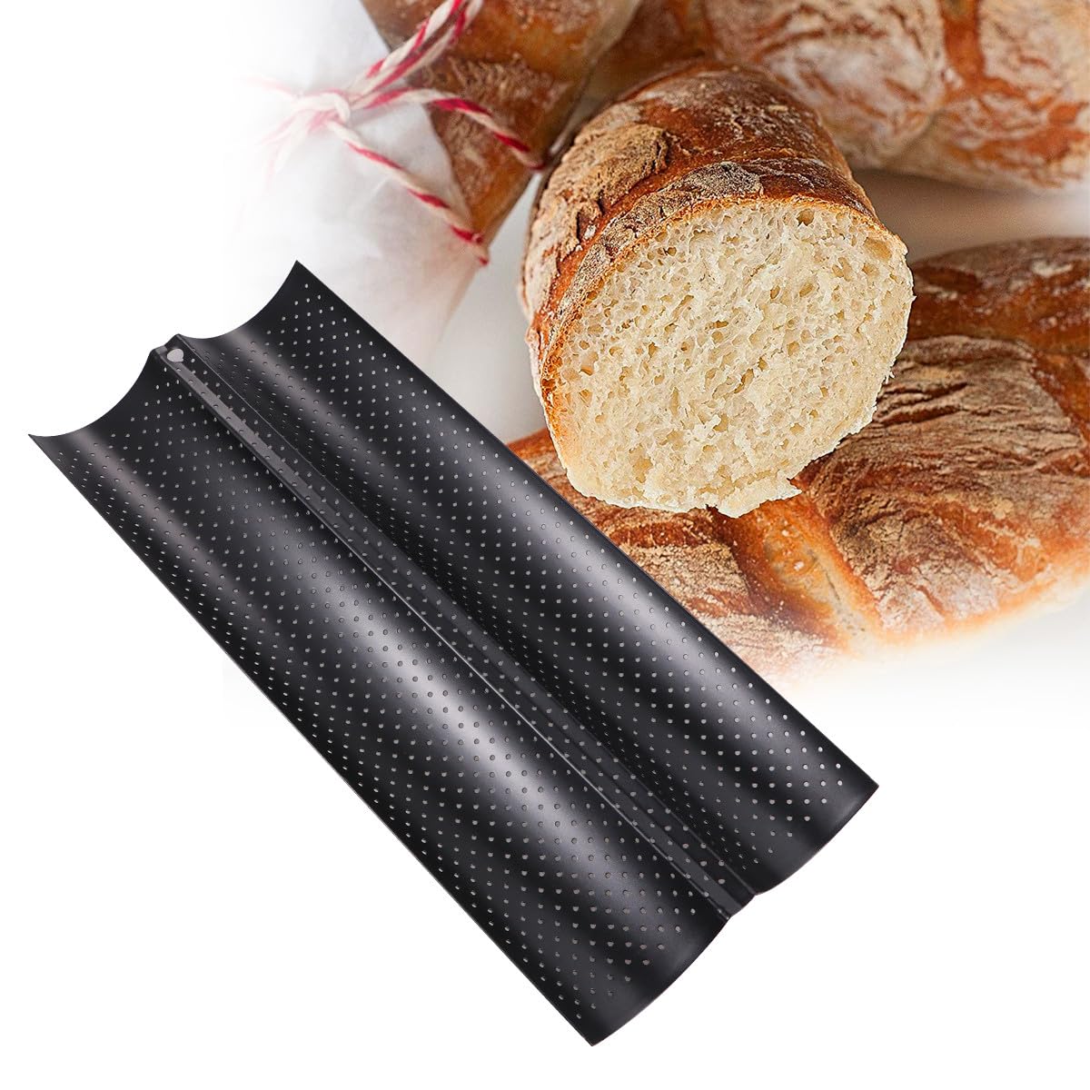 Plaque à Baguettes 2 Moules, Moule Pain Français Perforé et Antiadhésif, Gouttière de Cuisson Vague pour Mini Baguette Maison, Accessoire de Boulangerie Noir Tôle Acier