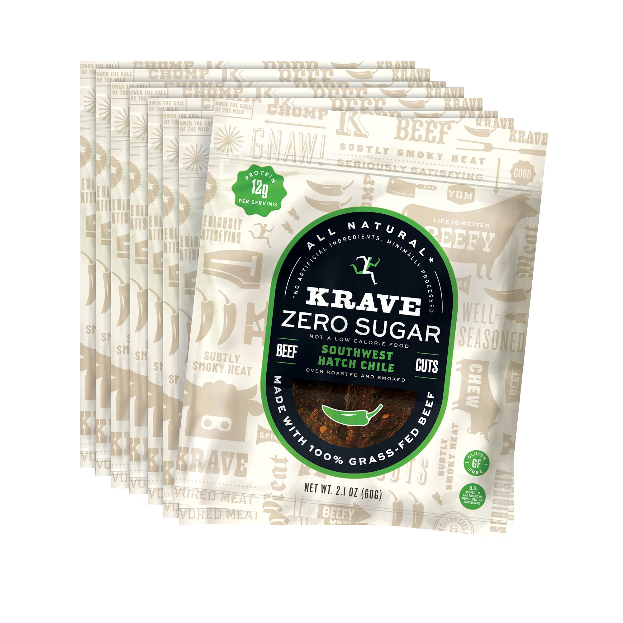 KRAVEZero Sugar Beef Jerky, Southwest Hatch Chile - All Natural 100% Grass Fed Beef - Protein Packed Keto Snacks Roasted for Maximum Flavor - Gluten Free - 2.1 Ounce (Pack of 8)