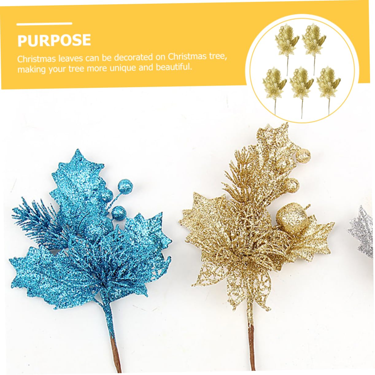 Zerodeko 15 Pz Talee tralcio natalizio decorazioni natalizie vetrine rami glitterati bastoncini ramoscelli steli di bacche di natale foglie artificiali plettri di ghirlande natalizie Golden