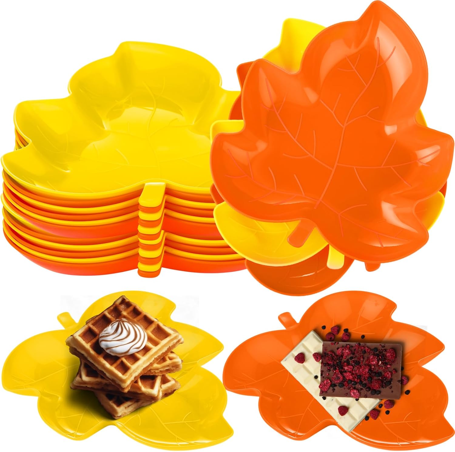 Honeydak 12 Pcs Thanksgiving Plates Fall Snack Dessert Dishes Thanksgiving Maple Leaves Shape Plates Yellow Orange Dishes Candy Fruit Plastic Bowls for Autumn Harvest Party Supplies 12 Maple Leaves
