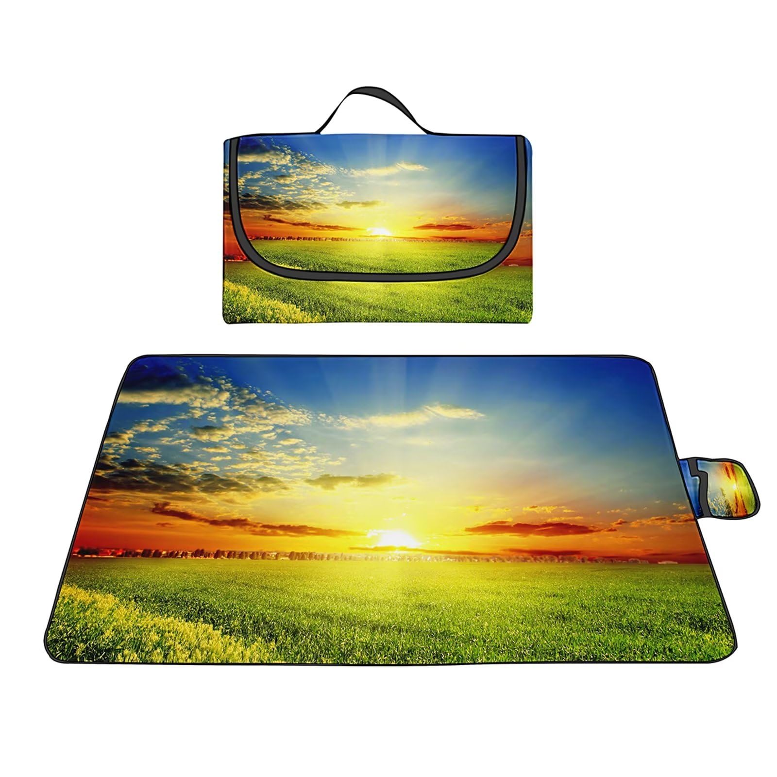 Couverture Pique-nique Imperméable 100x150cm,Couverture Plage Extérieure XXL,Coucher de soleil paysage de prairie Camping Couverture étanche Pique-nique avec Poignée pour Camping Randonnée Parc Plage