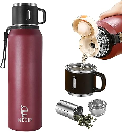 Miniatura 16 de Botella aislada de acero inoxidable, 27 onzas con taza, botella de agua aislada al vacío, termo para bebidas calientes/bebidas frías, viaje con Rojo