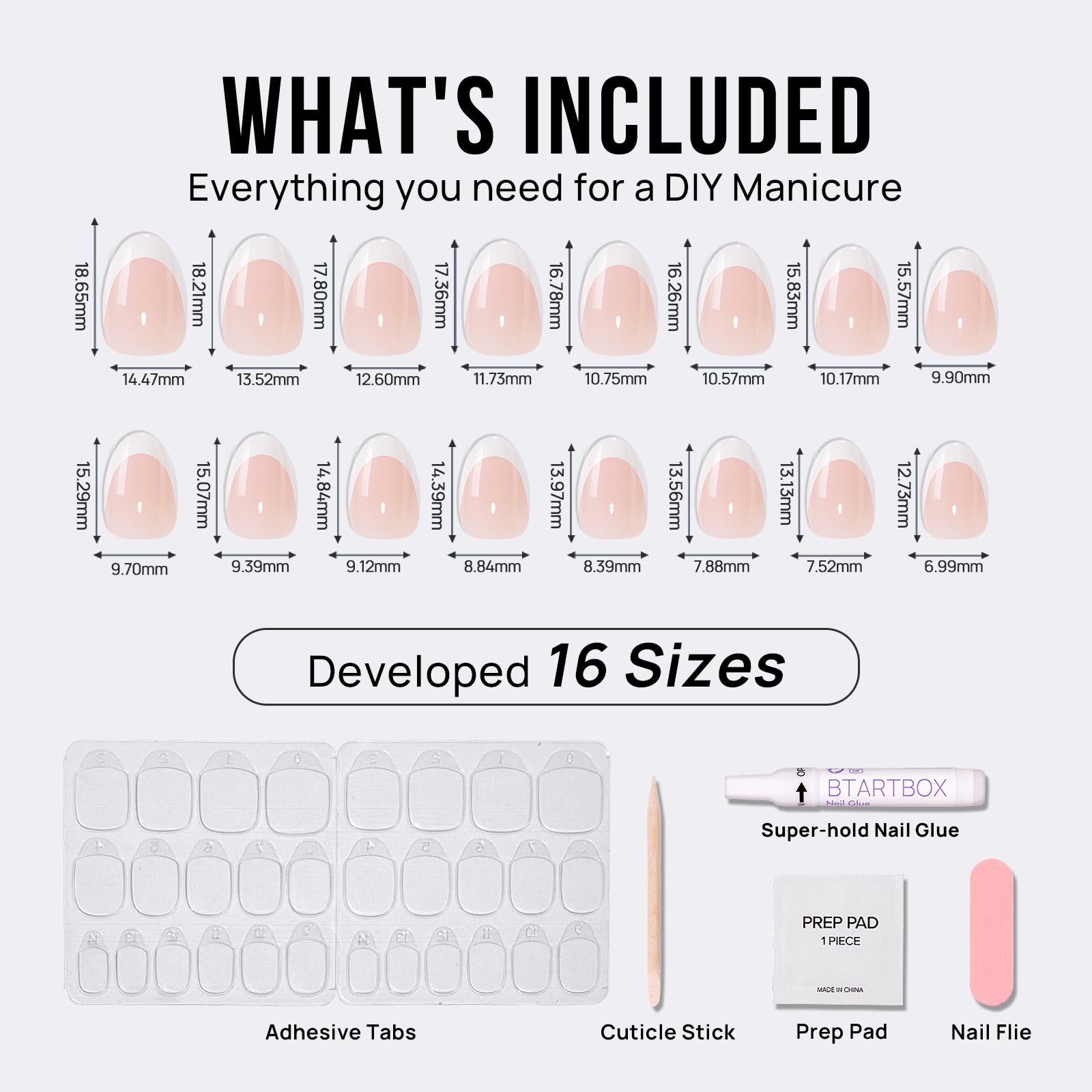 BTArtbox Press On Nails French Tips - 32 Pcs Short Square False Nails With Nail Glue and Adhesive Nail Tabs, No Fade Out Stick On Nails in 16 Sizes, Soft Gel Fake Nail for Women, Classic White — view 122