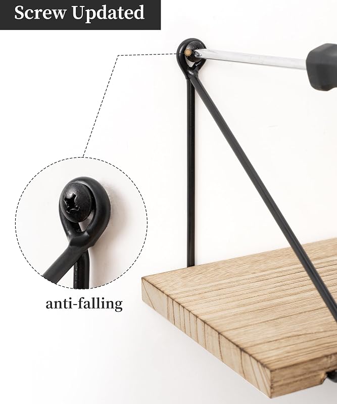 Afuly Rusztikus Fali Polc Szett - Natúr Fa és Fekete Fém Kombinációja - 2 db Könnyű Polc Fürdőszobába, Nappaliba, Konyhába - 40x15,5 cm
