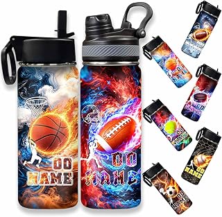 Custom Water Bottles for Kids, Stainless Steel Insulated Sports Bottle 18oz | Personalized Boys Water Bottle with Name, Basketball Football Sport Bottles with Straw Lid, Back to School Birthday Gifts
