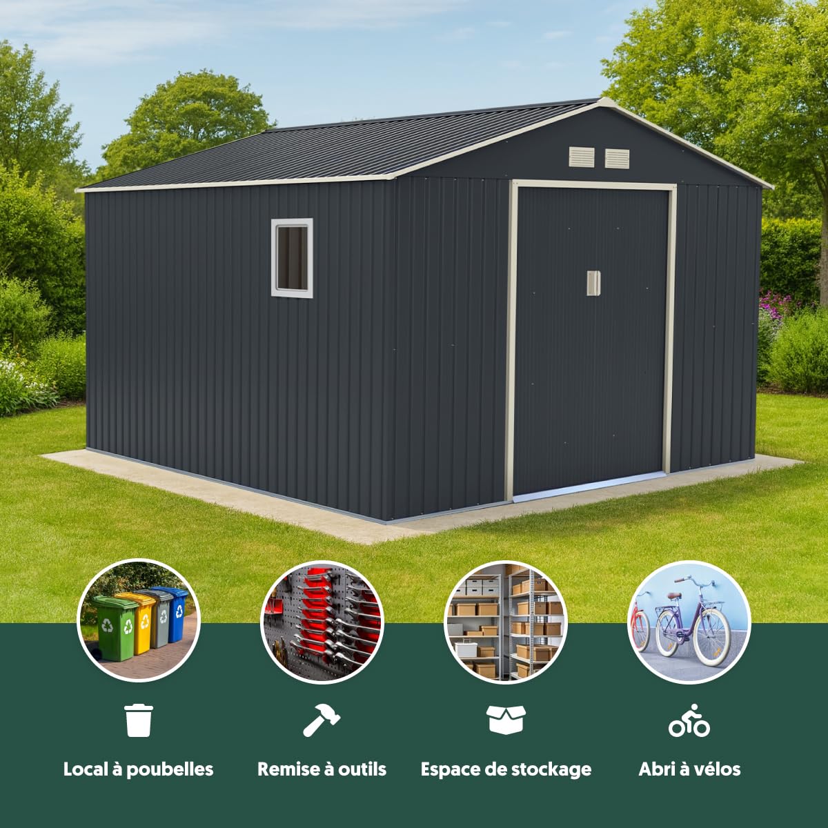 Abri de Jardin en Acier Galvanisé 13m² | Anthracite avec Kit d'ancrage | Hautes Parois 175cm, Fenêtre latérale | Abri à Outils Abri de Rangement Extérieur