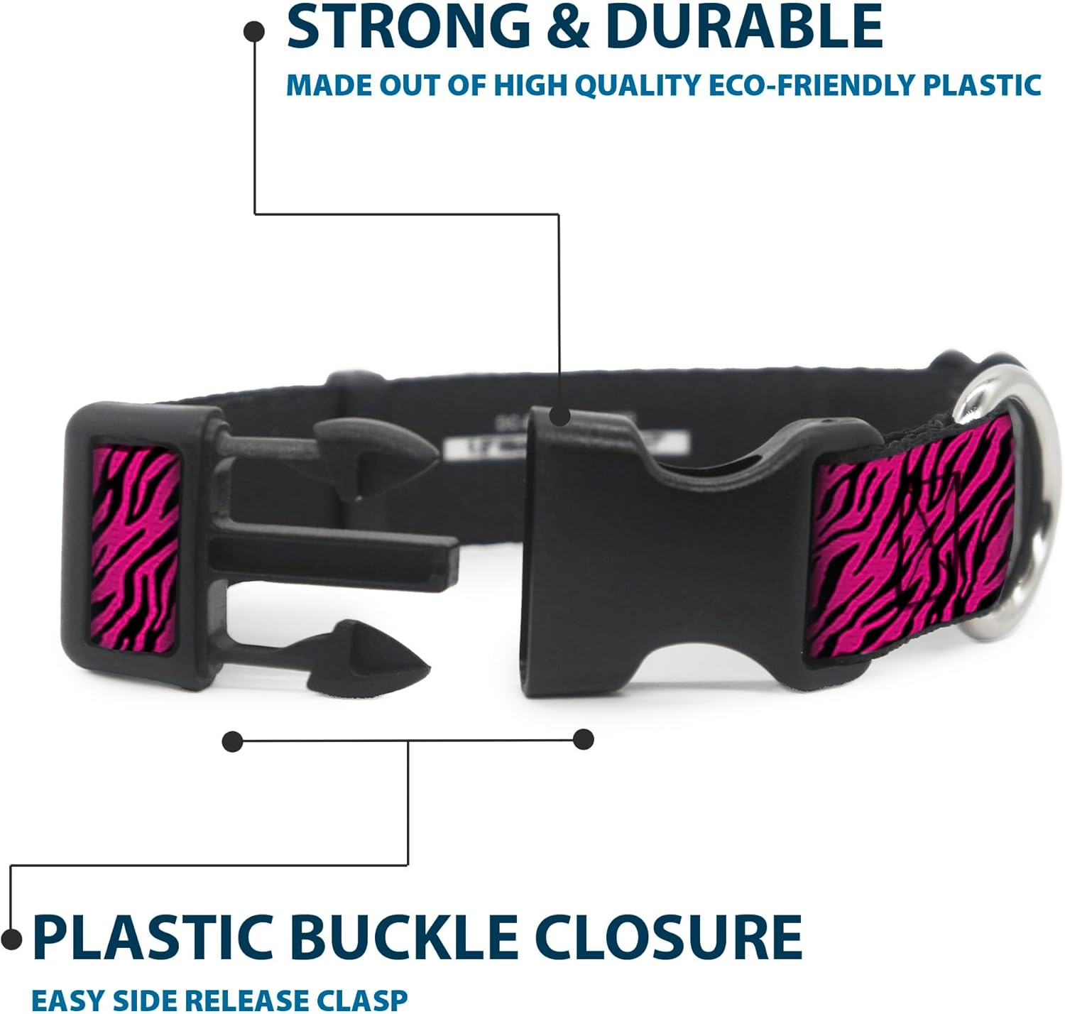 Buckle-Down Plastic Clip Collar - Zebra 2 Fuchsia Pink - 1.5" Wide - Fits 18-32" Neck - Large