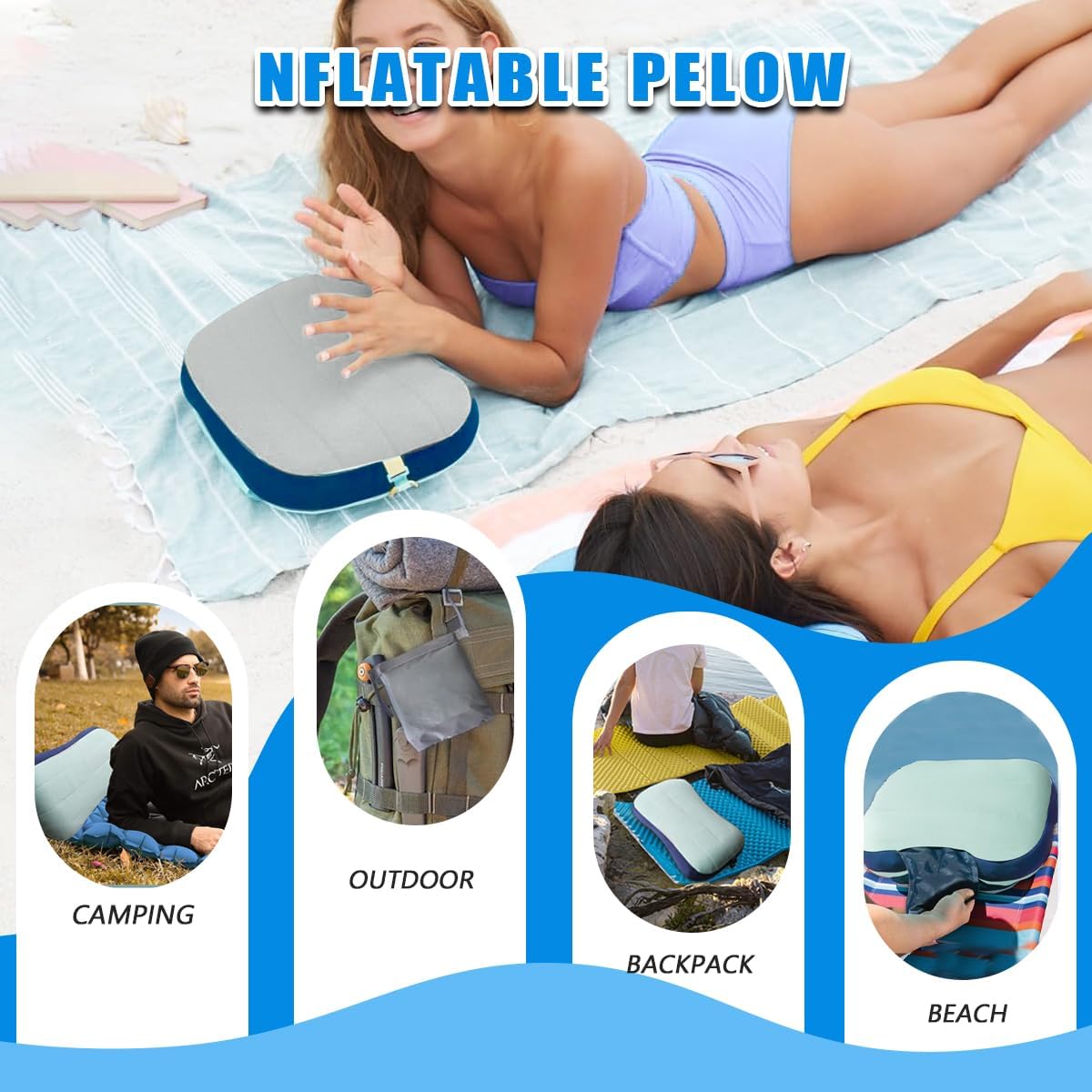 Couleurs Beach Pillow, Inflatable Camping Pillow, Pool Pillow, Removable Pillowcase, Ultralight Neck and Waist Support, Suitable for Camping, Hiking, Backpacking (with Ice Pack-Grey)