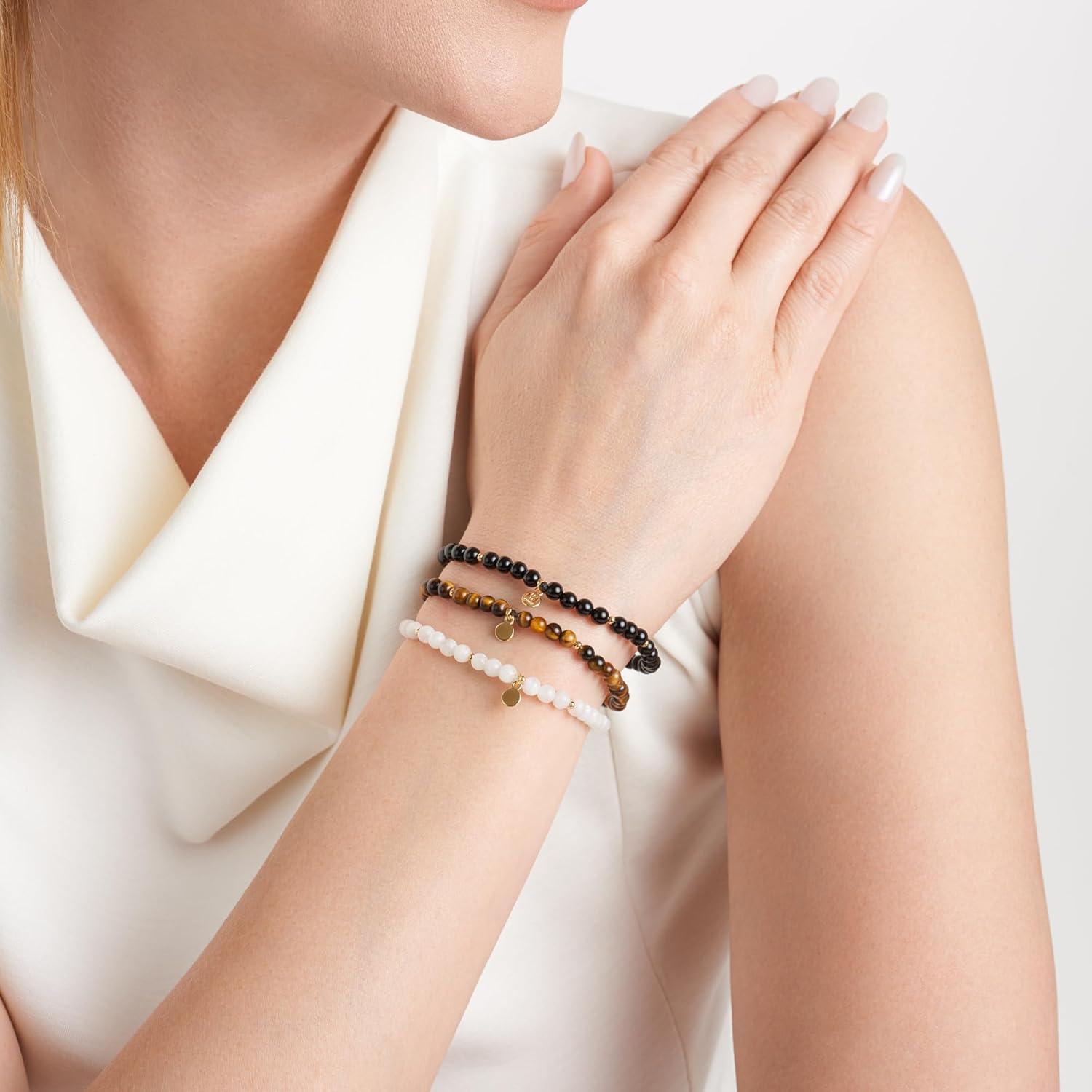 MORGAN & PAIGE Bronze 18k Yellow Gold Plated Genuine Gemstones Bracelets for Women Trendy - Dainty Gold Beaded Bracelets for Women 4mm Gemstone Beads, Adjustable 6.5 Inch Stretch Set of 3