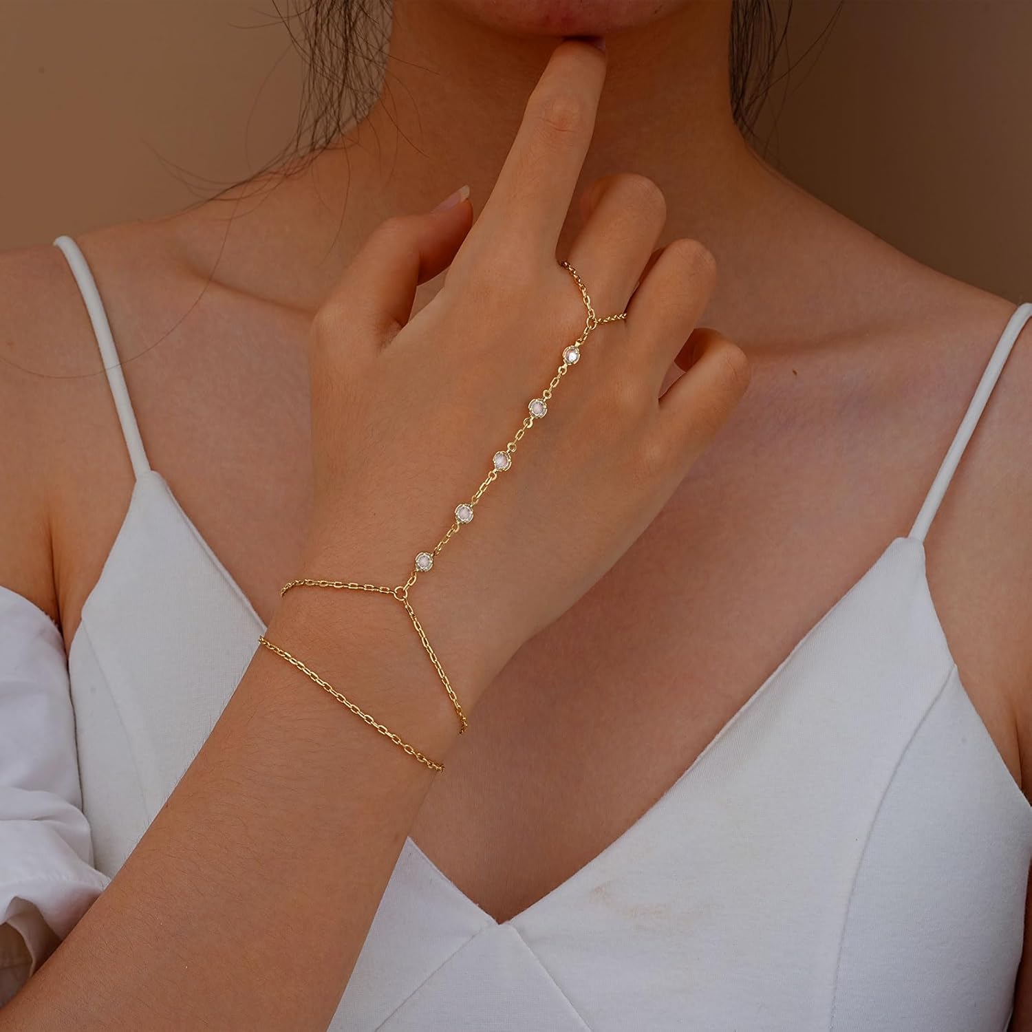 Bracelet Ring Hand Chain Hand Chain 14K Dainty Finger Bracelet Zircon Hand Jewelry Gold Bracelet For Women Trendy Summer Essentials Stuff Fashion Boho Beach Wedding Jewelry Gifts - Image 3