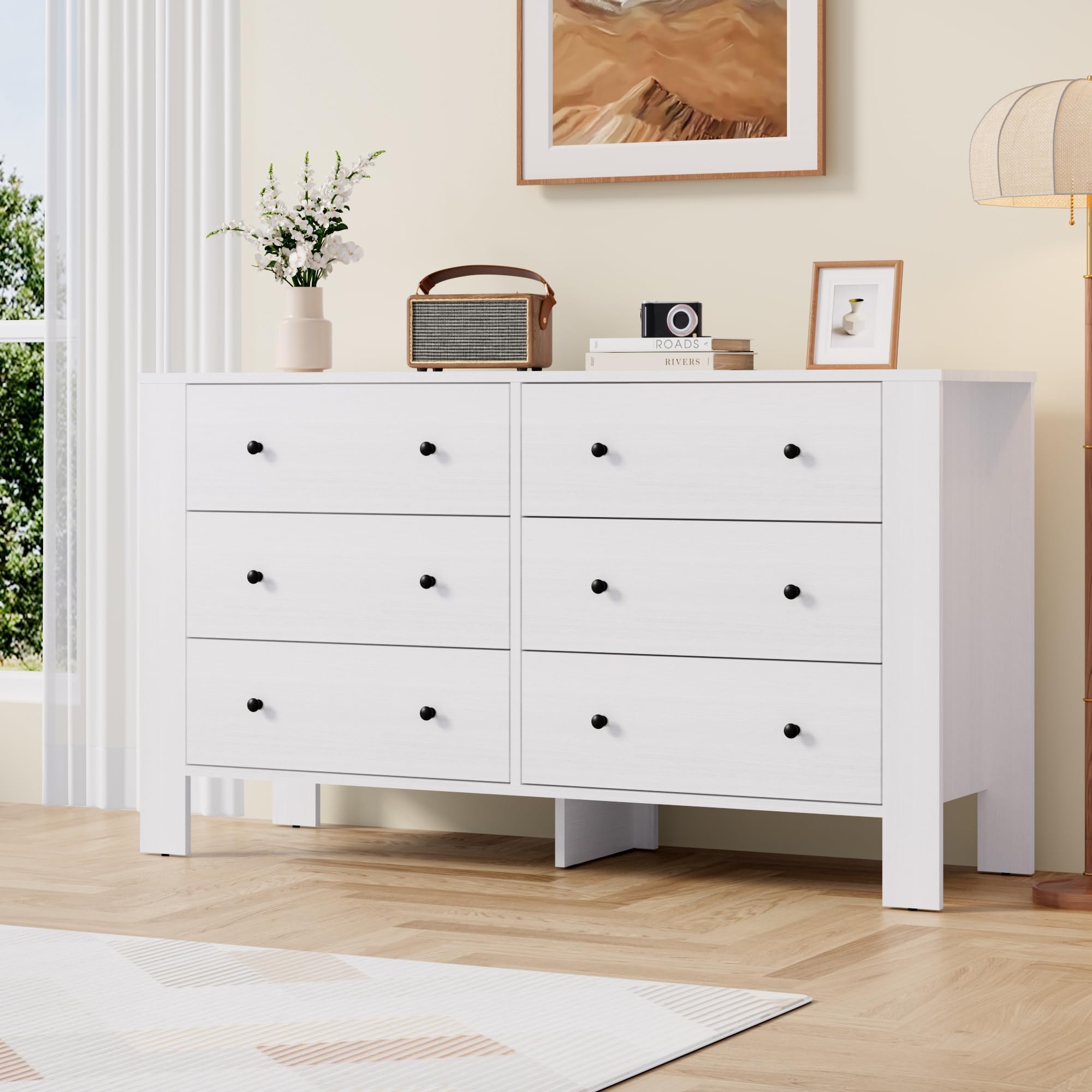 GarveeHome White 6 Drawer Dresser for Bedroom, Modern Wide Dresser Organizer with Storage Drawers, Wooden Chests of Drawers for Bedroom, Entryway, Hallway, Home Office