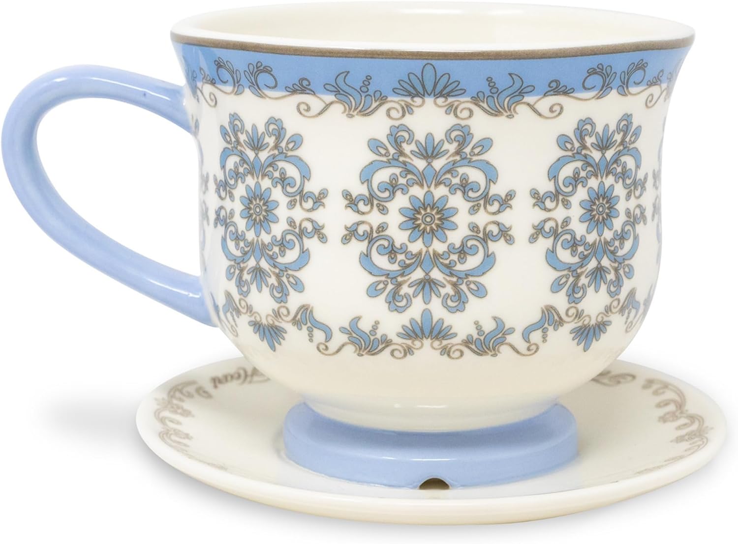 Steel Mill & Co Ceramic Tea Cup Shaped Planter with Drainage & Catch Tray, 4.25" x 5.5" Indoor/Outdoor Pot, Tea Cup & Saucer Shape, Blue Floral Vintage Design (Tea in the Garden Joy in the Heart)
