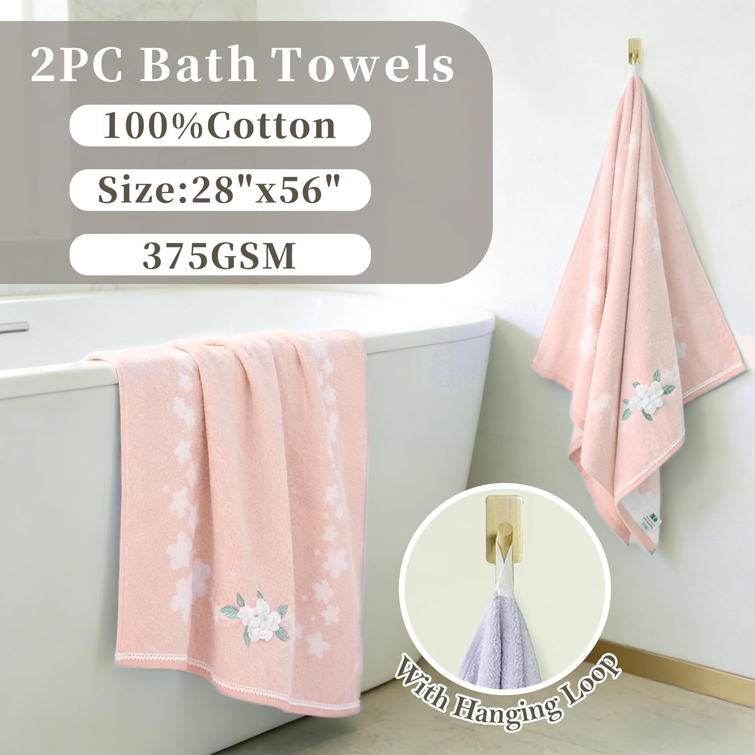 VOOVA & MOVAS Pink Bath Towels Set of 2, 28"x56" - 100% Cotton | Quick Dry | Soft | Absorbent | Lightweight, Flower Bath Towels for Bathroom & Guest, Luxury Shower Towel, Pink
