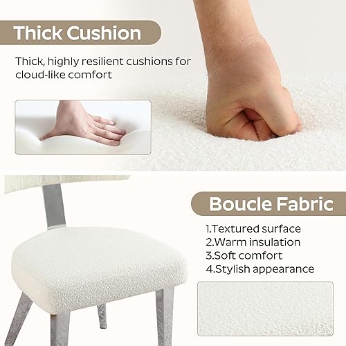 Miniatura 7 de Small Dining Table Set for 4, 36" Round Kitchen Table with 4 Teddy Boucle Dining Chairs, Tempered Glass Top with Metal Legs(White&Silver)