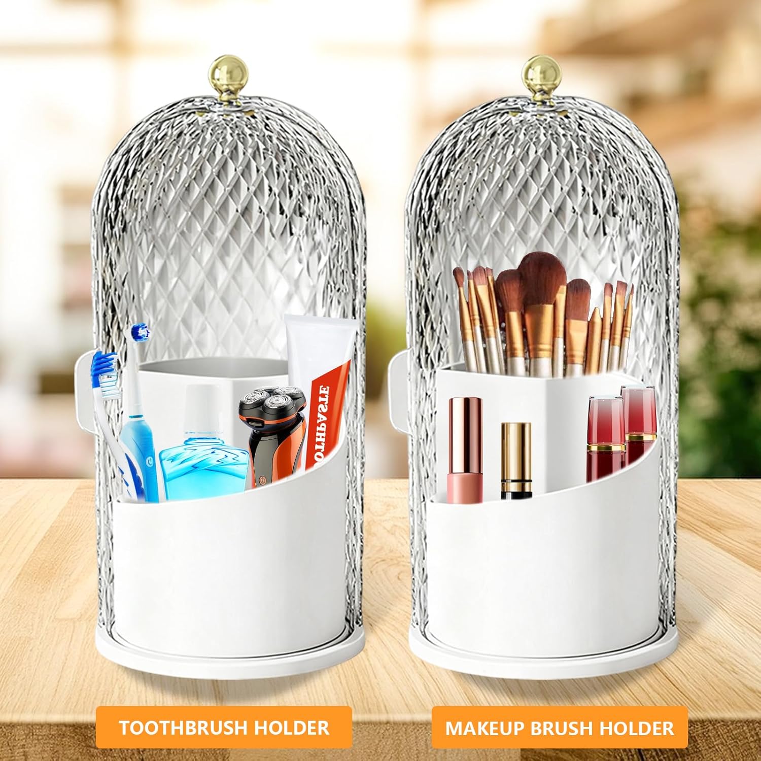 360 Rotating Makeup Brush Holder Organizer With Lid - Multifunctional Toothbrush Holder With Cover For Bathroom Countertop - Dustproof Storage For Make Up Brushes Toothbrush Toothpaste (White) - Image 7