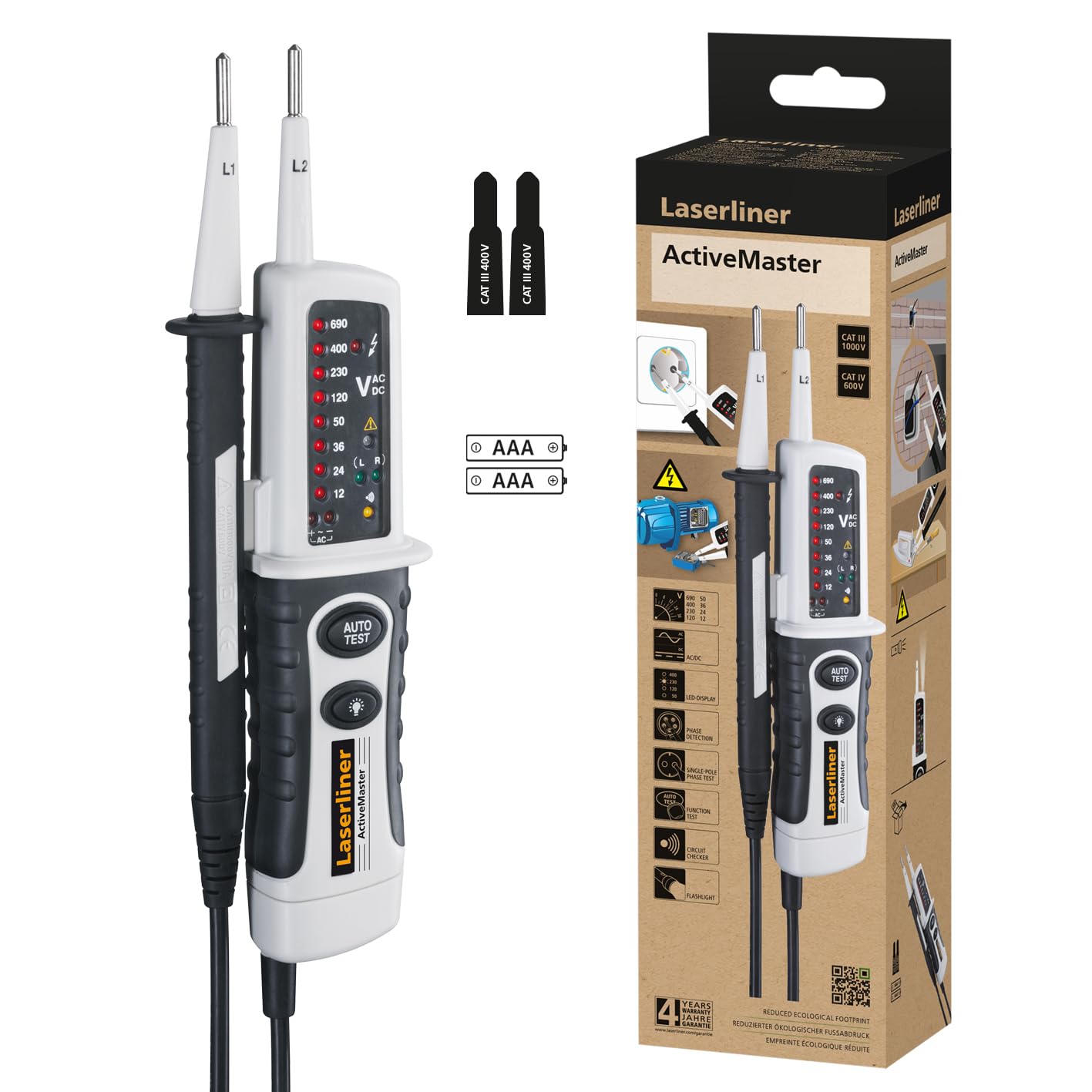 Laserliner ActiveMaster, tester napięcia, 12-690 V AC/DC, dwubiegunowy tester z testem pola obrotowego, wskazaniem faz, testem ciągłości, skala LED, autotest, IP64