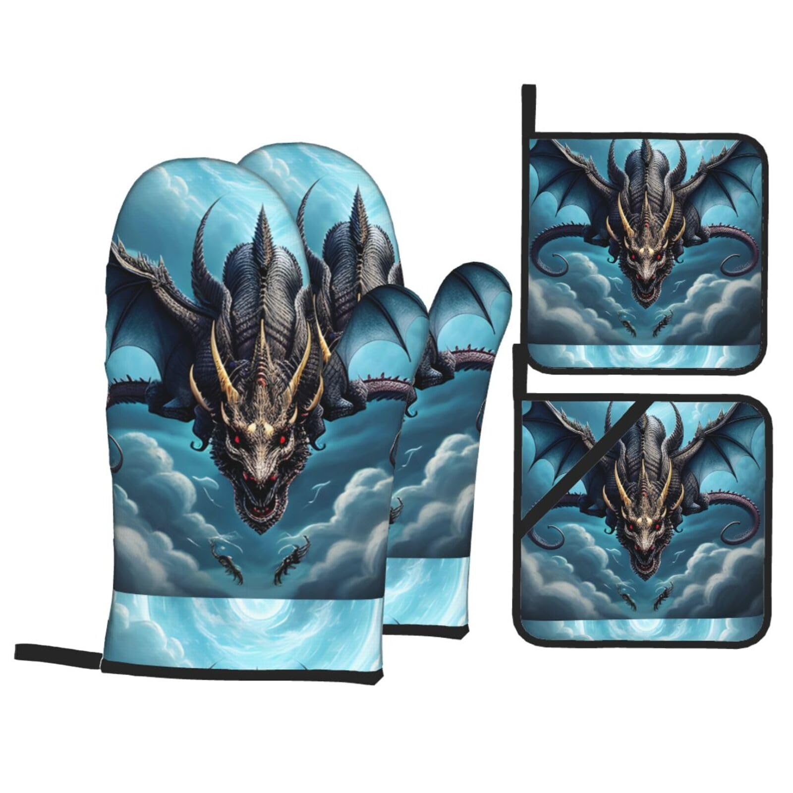 Hjfczh Black Kitchen Baking Gloves Pot Holder Flying Dragon Prints Thickened Practical Anti-Scalding Heat Insulation For Kitchen Baking