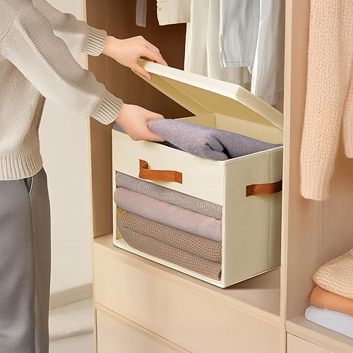 Miniatura 5 de Contenedores de almacenamiento grandes con tapas, paquete de 4 organizadores decorativos plegables con ventanas y asas transparentes, organizadores