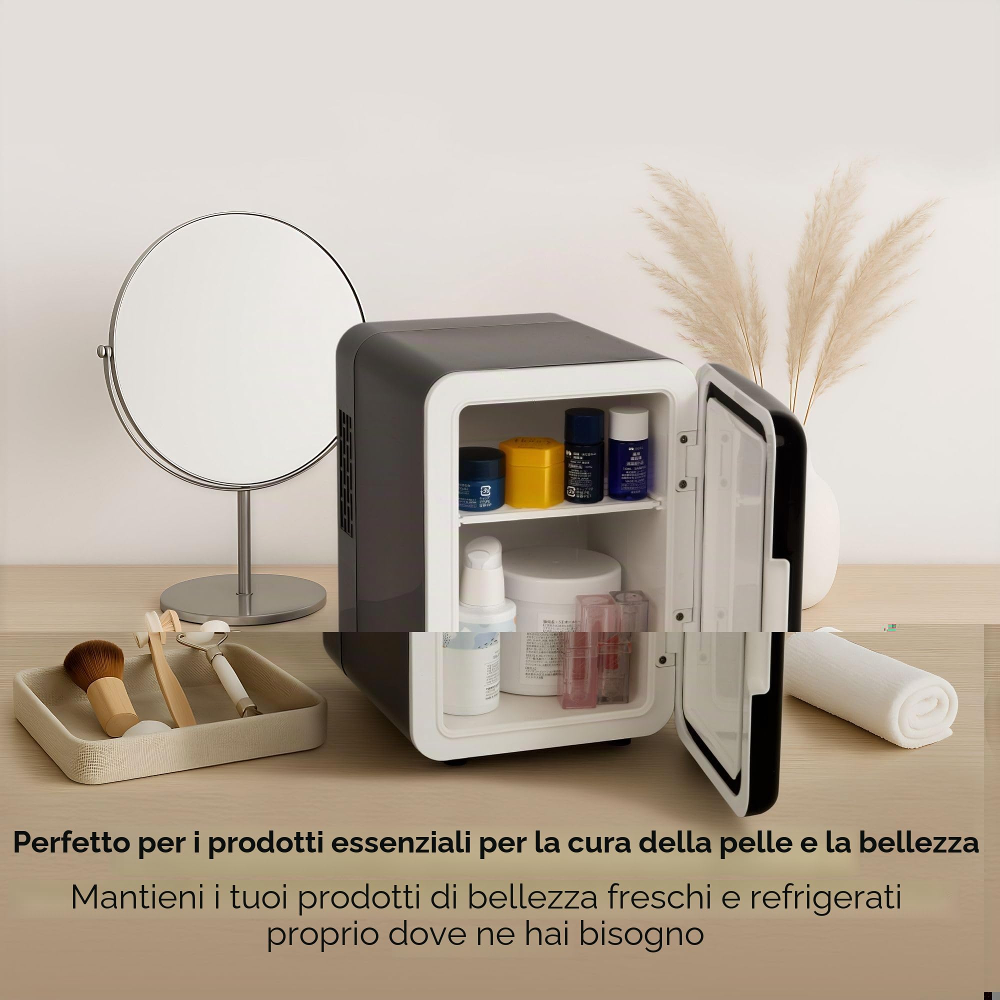 SLx Mini frigo da 4 l, 6 lattine per camera da letto, ufficio, auto e viaggi, refrigeratore silenzioso da 12 V/AC/DC per la cura della pelle, cosmetici e bevande (nero)
