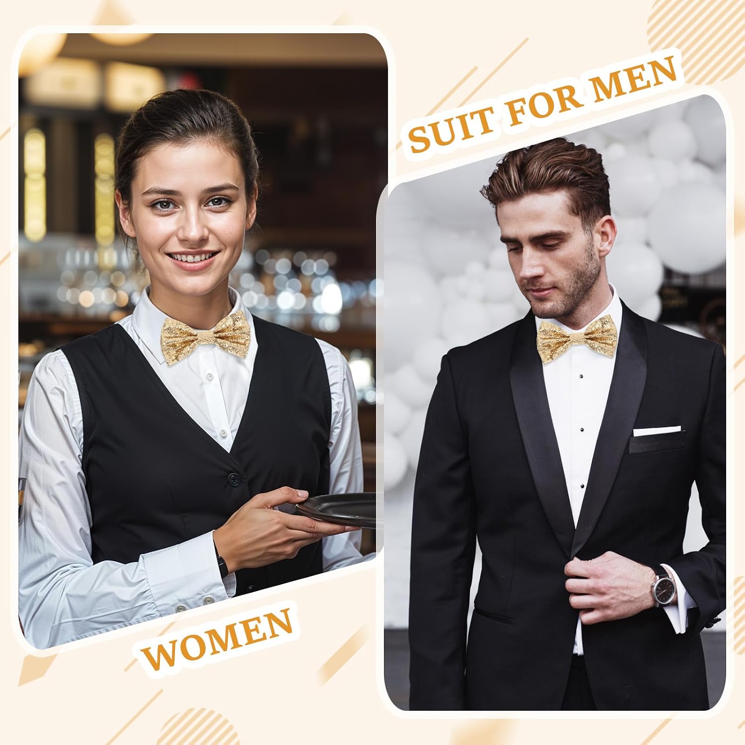 2Pcs Bow Tie for Men, Men's Pre-Tied Gold Bow Ties Glitter Sequin Tux Bowtie Adjustable Classic Party Satin Bow Tie