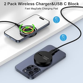 Google Pixel 9A Wireless Charger for Pixel 10 9 Pro XL Fold 8A 8 7 6 Pro,2Pack 15W MagSafe Magnetic Wireless Fast Charging Pad&Charger Block for iPhone 16 15 14 13 12, Samsung Galaxy S25 S24 S23 S22