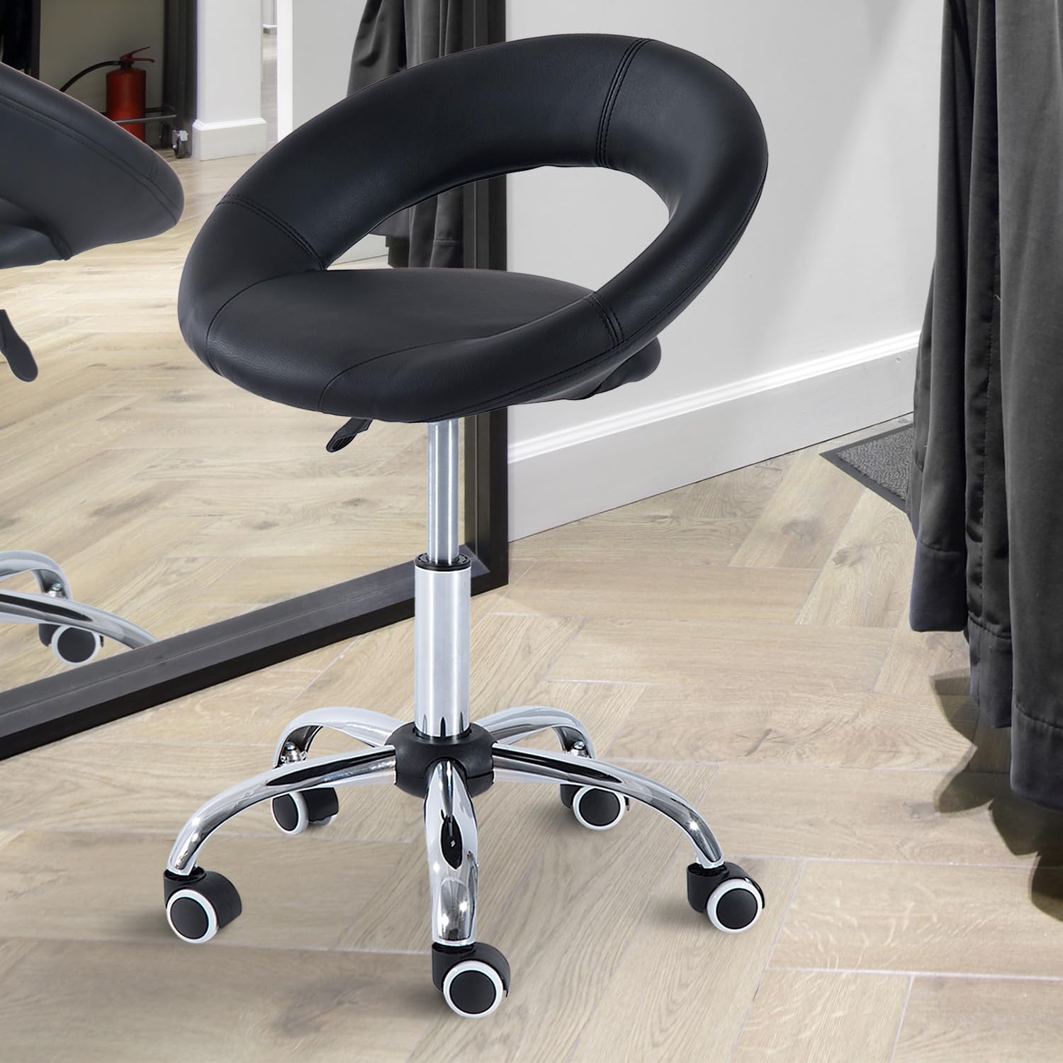 HOMCOM Crescent Rolling Salon Stool, Adjustable Height, Black