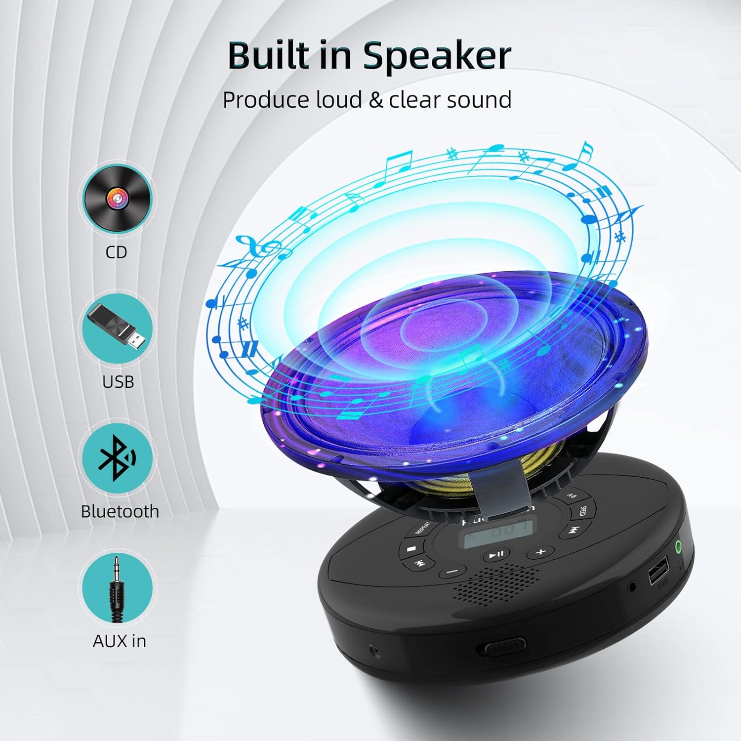 Diagram showing built-in speaker and multiple audio input options