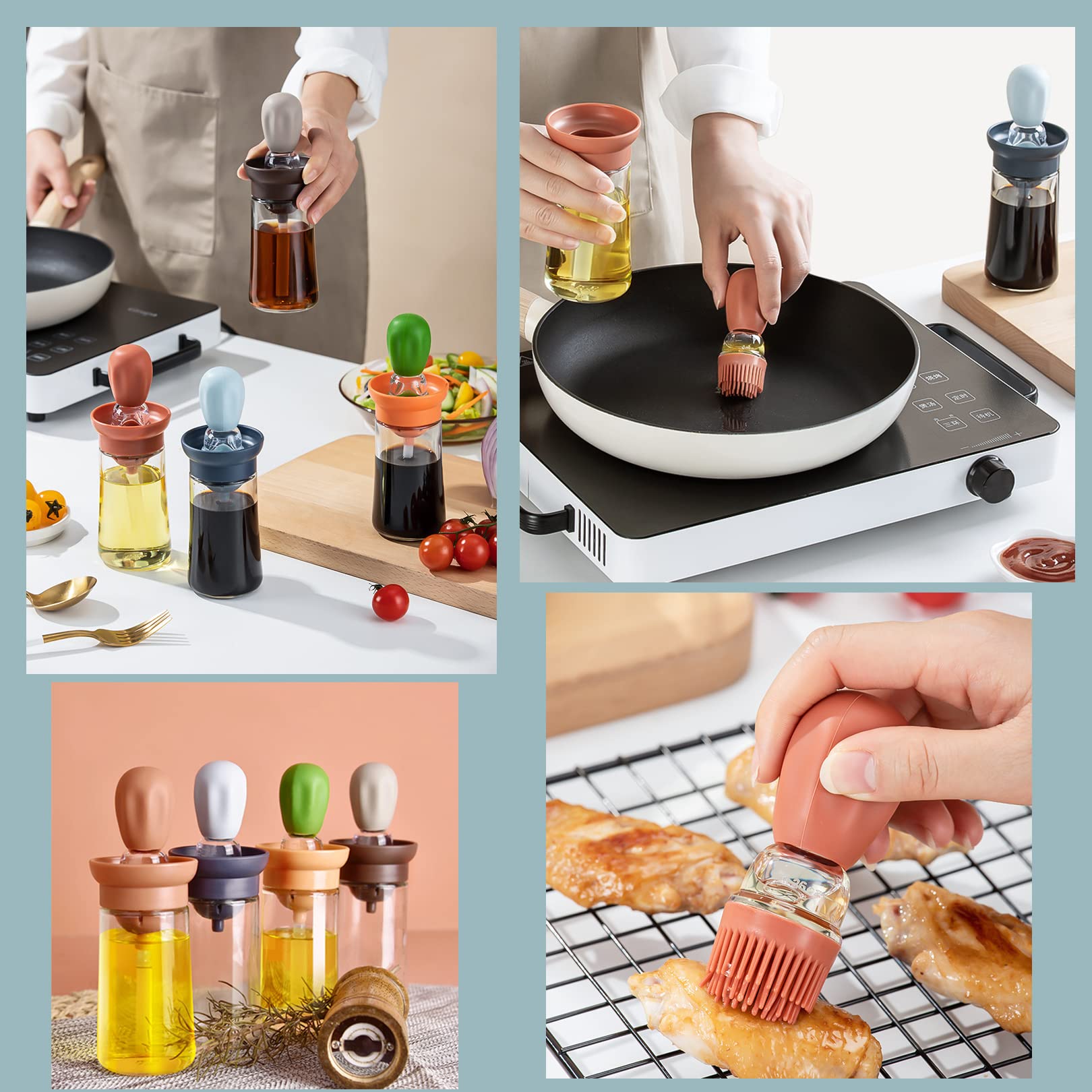 Chinese Home Gadgets, botella de aceite de vidrio con cepillo de silicona, botella dispensadora de aceite de oliva de vidrio de 7 onzas con cepillo de silicona 2 en 1 para cocina, cocinar, freír,