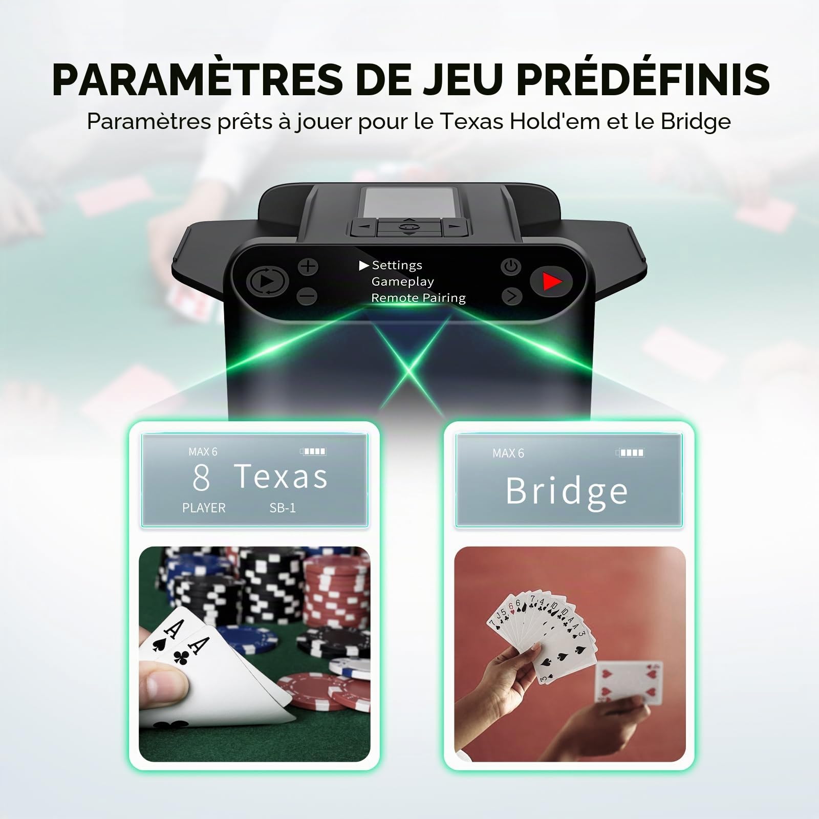 KPAW Mélangeur Automatique de Cartes et Croupier – 1 à 2 Jeux Prend en Charge 12 Joueurs, 4 télécommandes de Dessin, Jeux intégrés, Offre à 360°/180°, pour Poker, UNO, Phase 10, Skip-Bo, Rummy (Noir)
