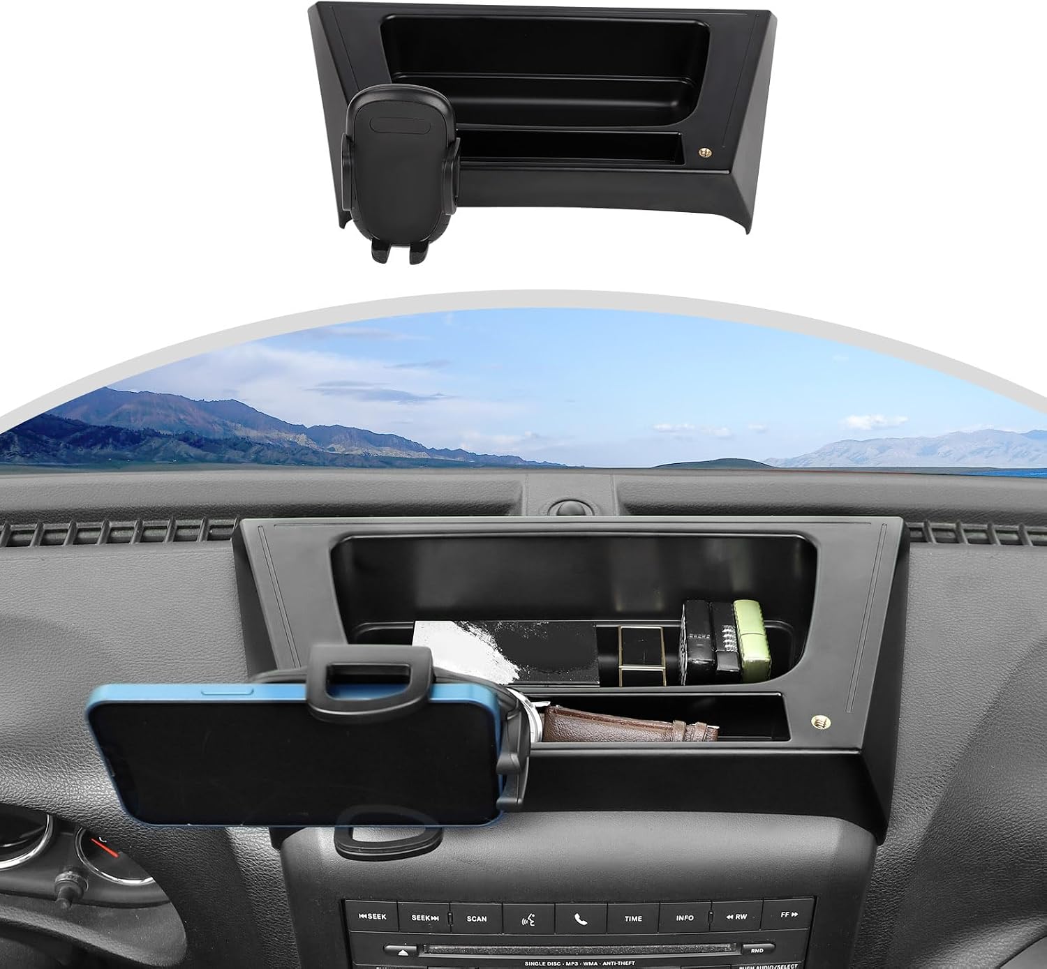 CheroCar JK Phone Holder Multi-Mount Phone Mount Dash Tray Storage Box System Kit fits for 2012-2017 Jeep Wrangler JK JKU, Organizer Box Interior Accessories,Black-E