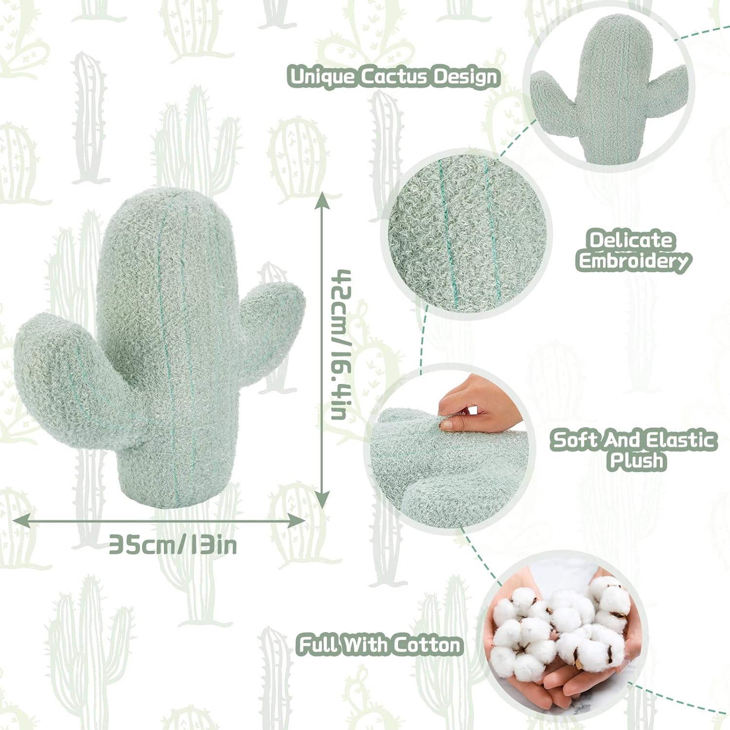 Maitys 16 Inches Cactus Shape Throw Pillow Cute 3D Plush Cactus Shaped Throw Pillow Decorative for Sofa Office Bed Cushion(16.4 x 13 Inch)