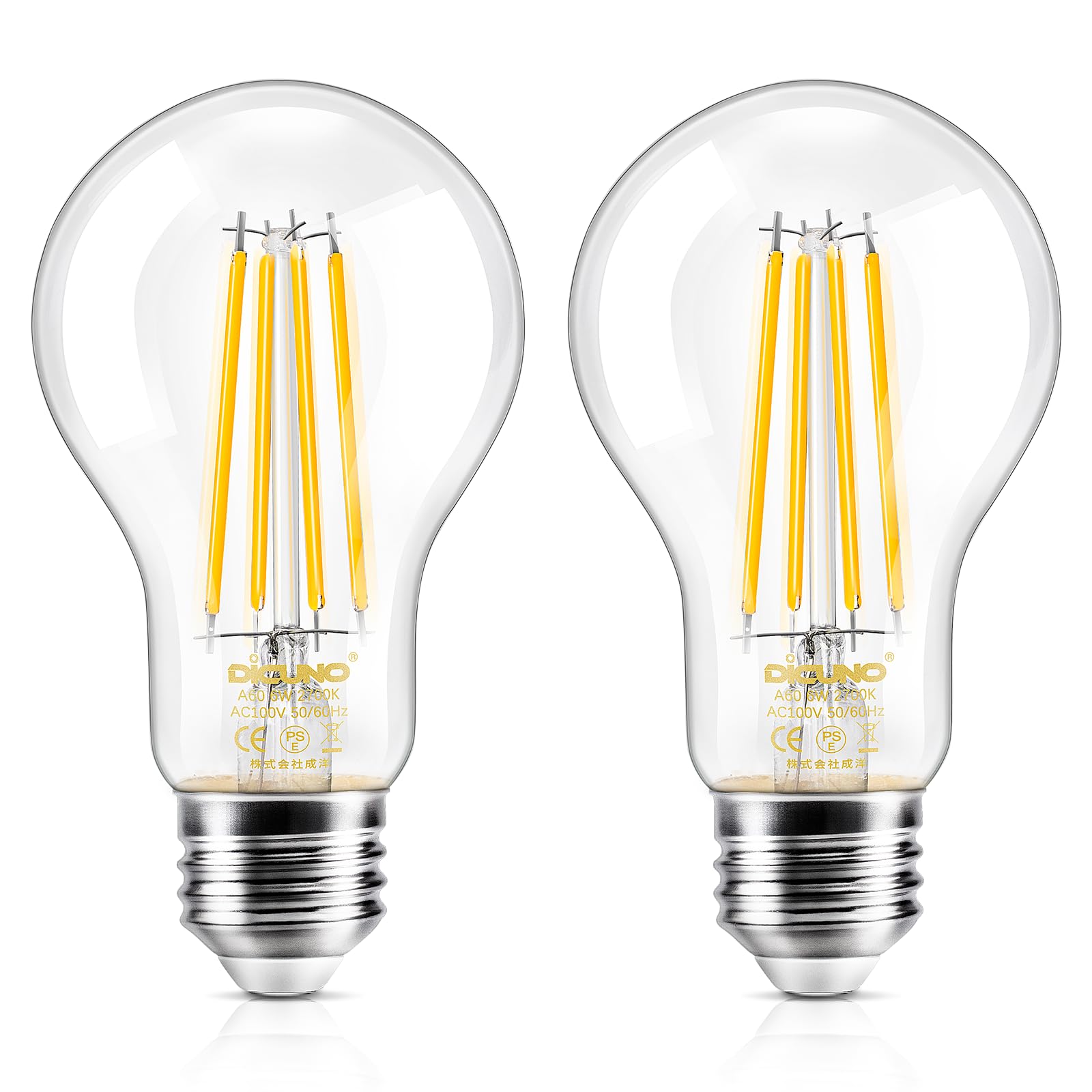 DiCUNO LED電球 E26口金 電球色 60W形相当 エジソン電球 6W フィラメント電球 806lm 2700k 一般電球形 クリアタイプ 省エネ 全方向 A60 調光器非対応 2個入