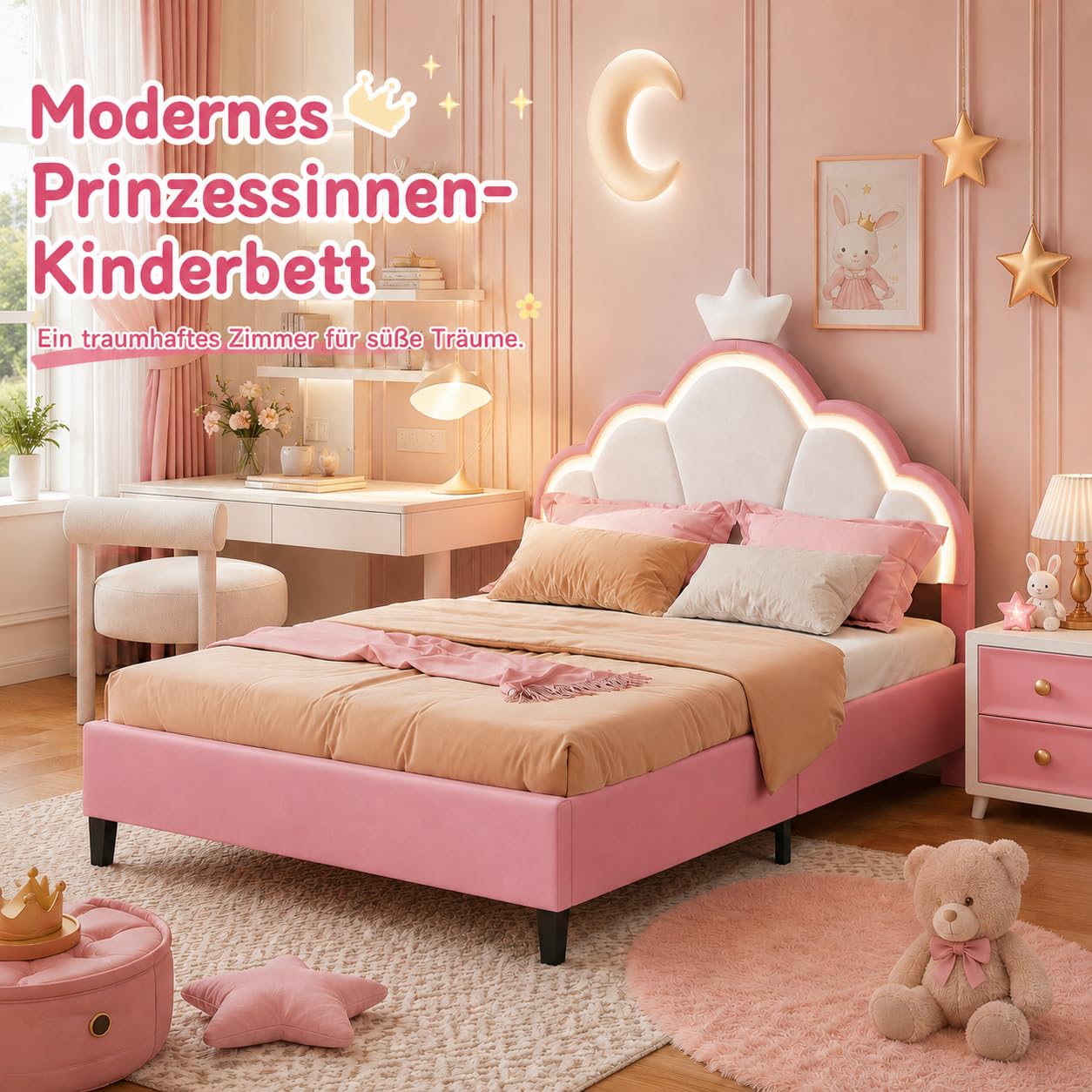 Letto per bambini imbottito 140 x 190 cm, letto matrimoniale a LED per ragazza, telaio letto con testiera regolabile in altezza a forma di corona e rete a doghe, letto da bambina giovane in velluto