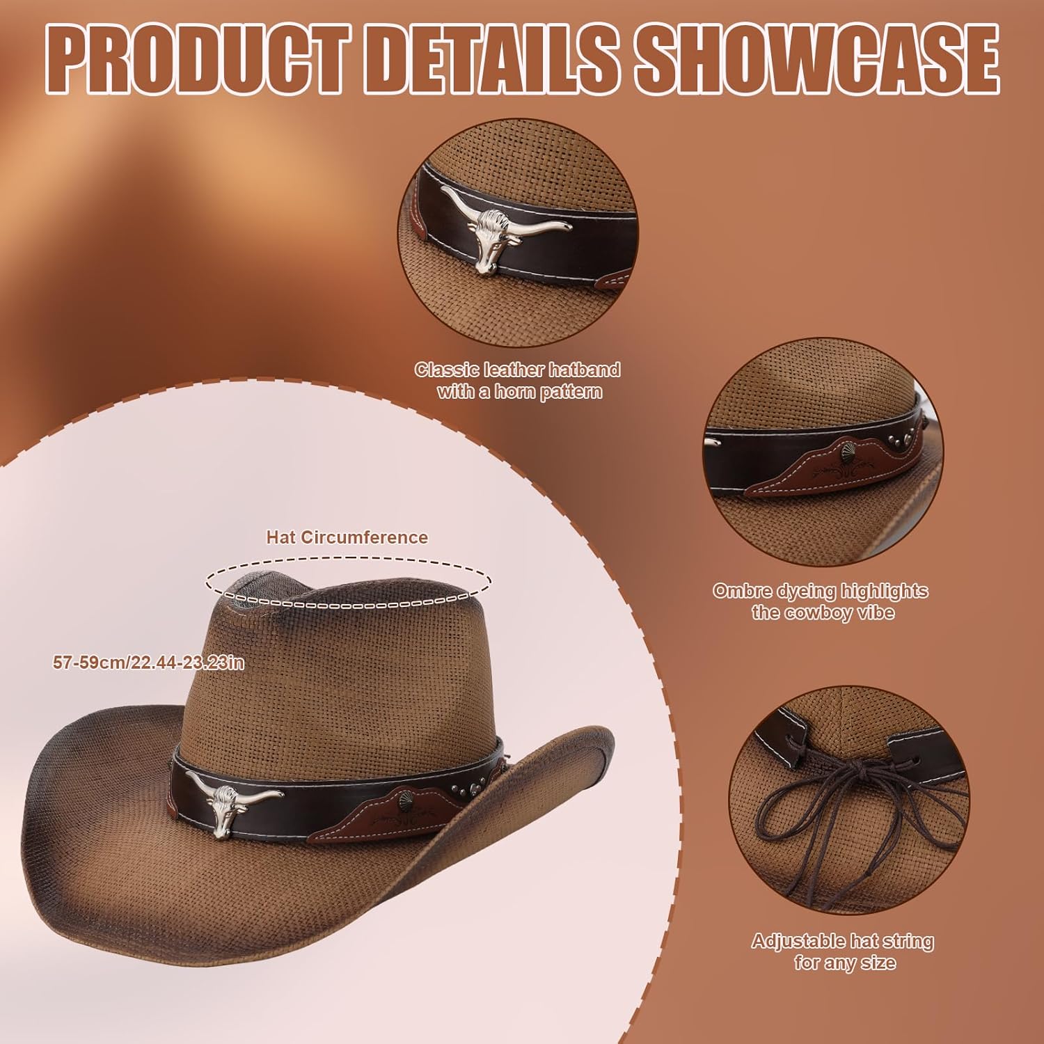 Straw Cowboy Hat for Women and Men Cowgirl Hat with 3 Pcs Hatbands Breathable Western Hats Shapeable Wide Brim Brown