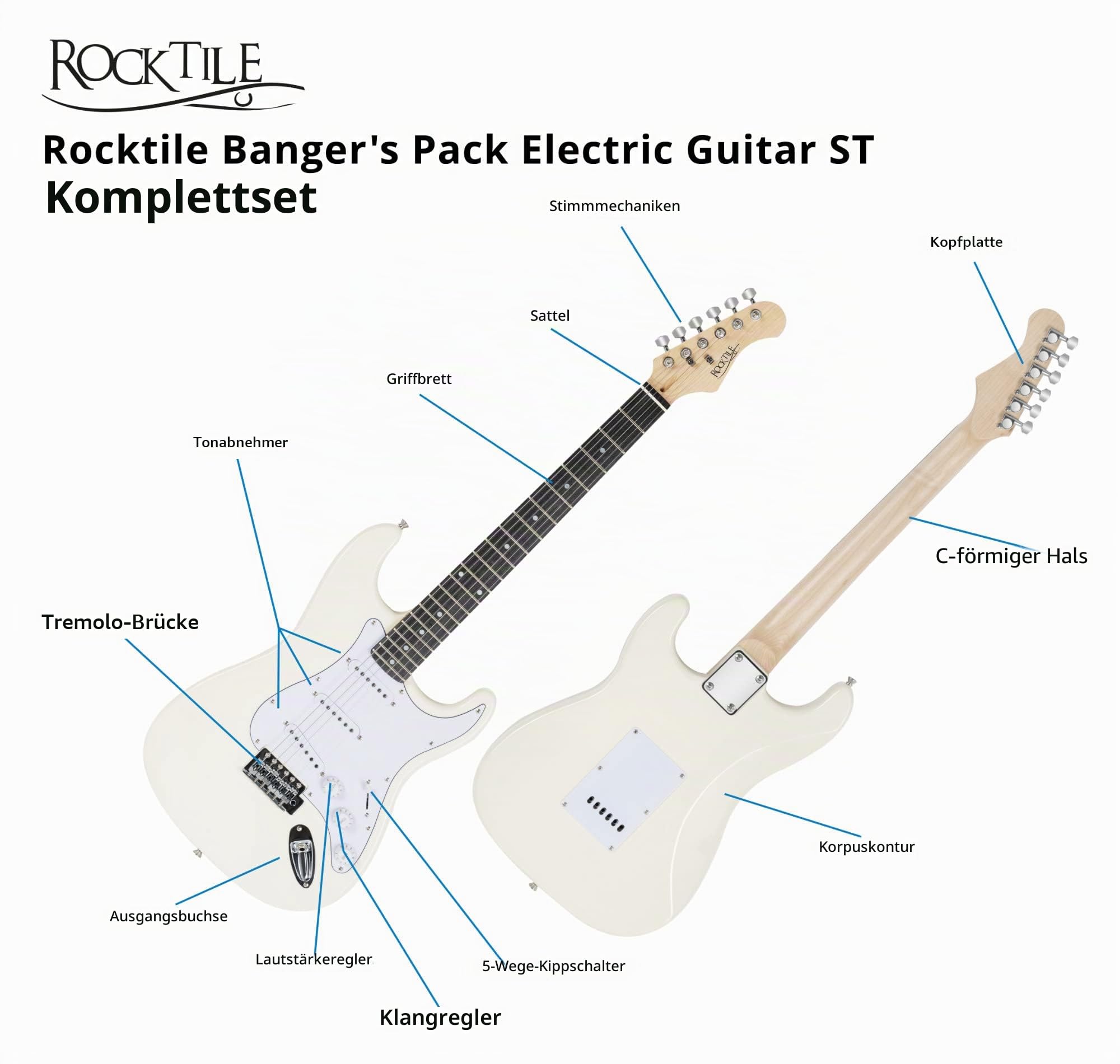 Rocktile Banger's Pack E-Gitarren Set White inkl. Verstärker, Tasche | Rocktile ST-Style E-Gitarre, White Finish, 3 Single-Coil Tonabnehmer, 5-Wege Wahlschalter, 1 Volume-/ 2 Toneregler, Gurt