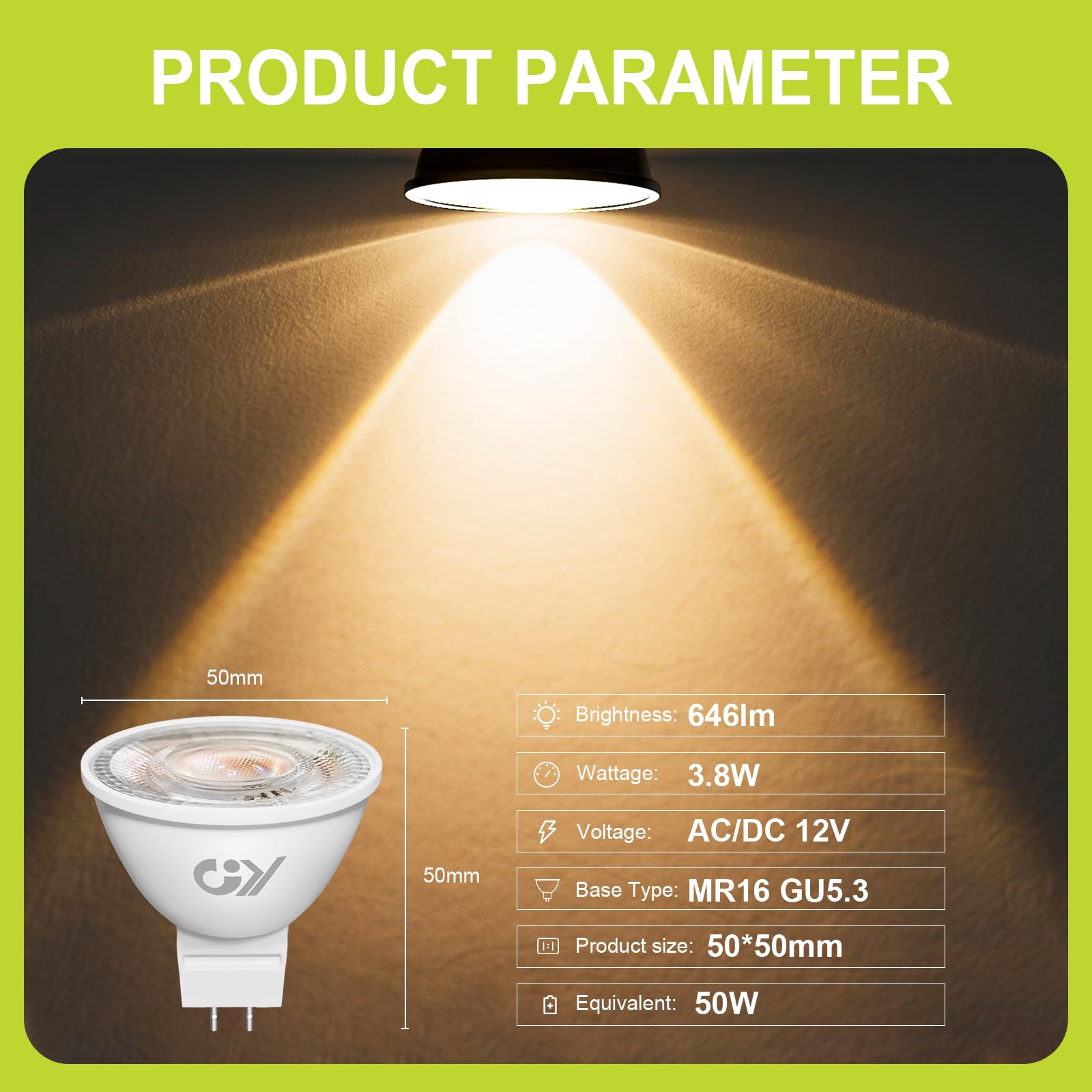 GY Ampoules LED GU5.3 MR16 12V Classe B, 646LM Blanc Neutre 4000K，3.8W Équivalent 50W 36° Angle LED Spot (Faisceau Étroit), Efficacité Energétique, Non-Dimmable,Pas de scintillement, Lot de 6