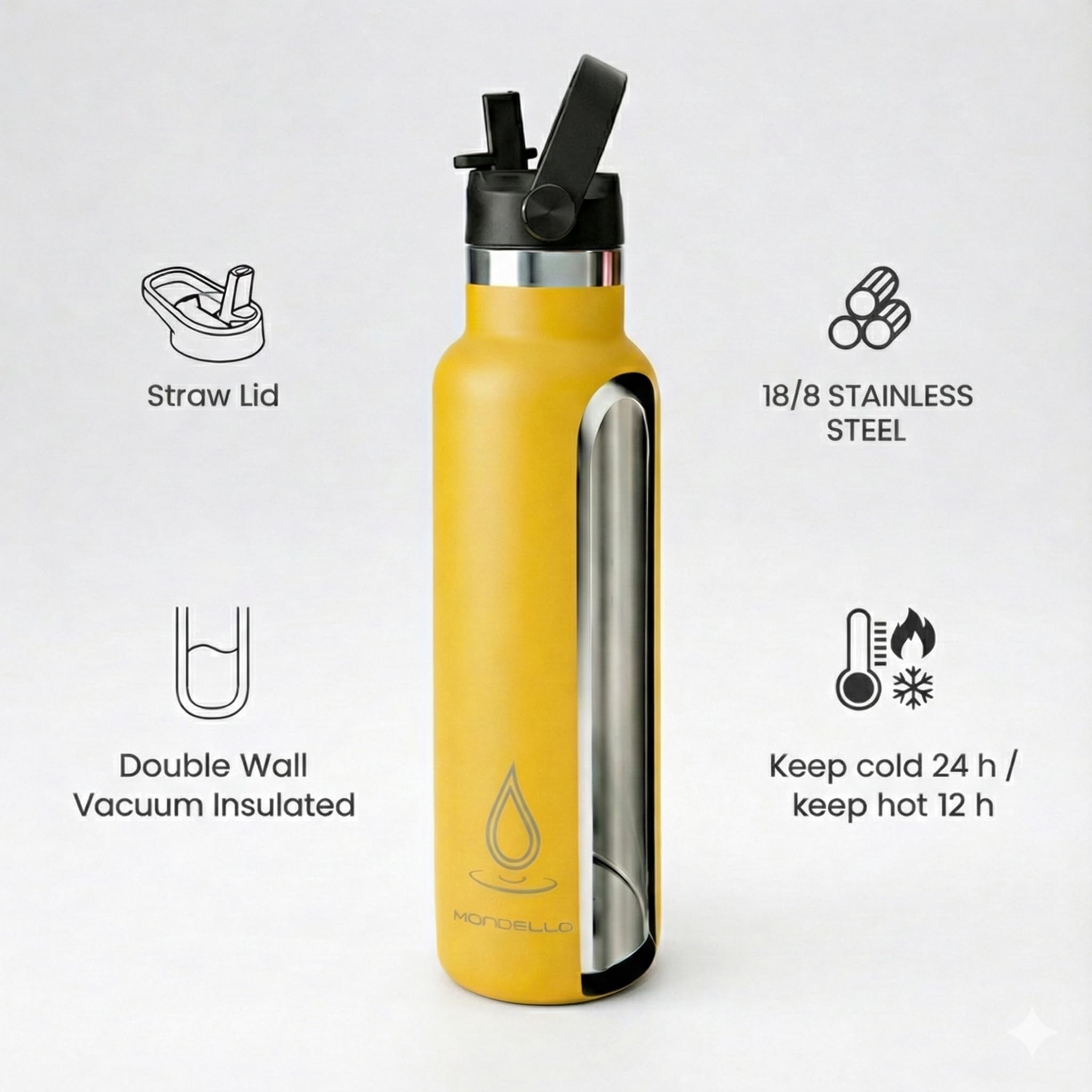 Mondello Borraccia termica in acciaio inox con cannuccia e cinturino (giallo, 750 ml) – thermos a doppia parete, ermetica, senza BPA, per bevande calde e fredde