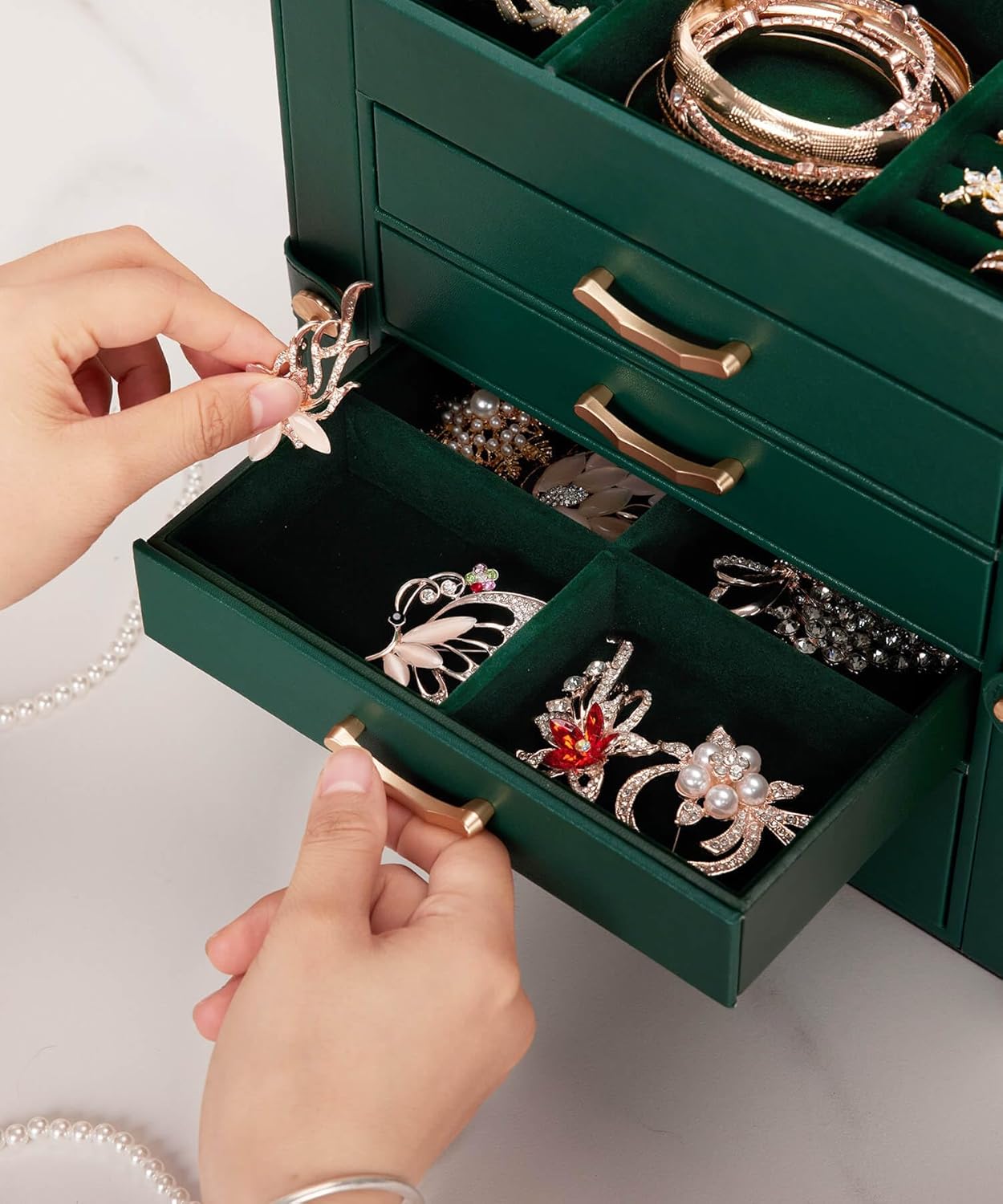 Enthralite Jewelry Box with 4 Drawers: Display Organizer for Earrings Necklaces - Gifts for Girls Women (Forest Green)