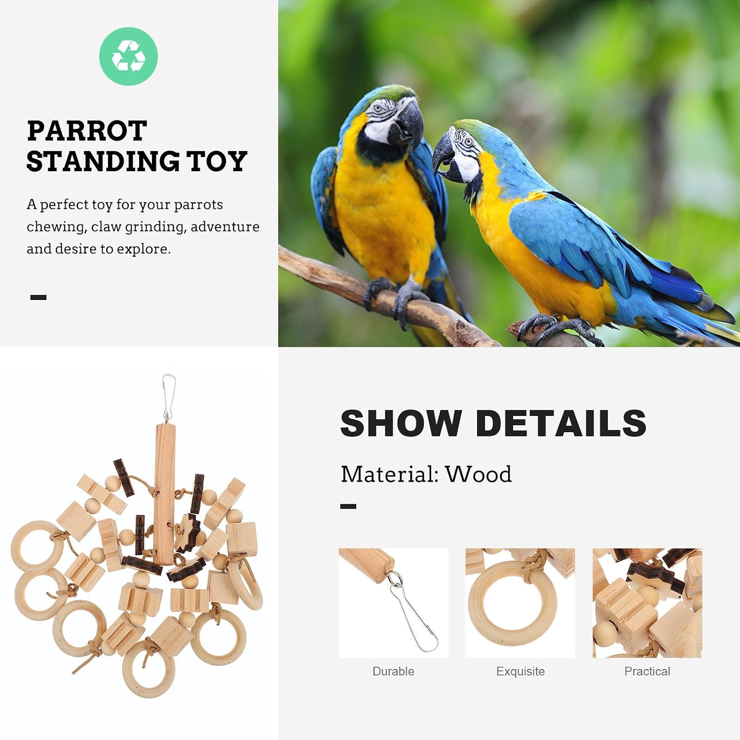 Wooden Bird Chewing with Blocks Beads and Rings Safe Eco-Friendly Hanging Pendant for Parrots Macaws and Birds Fun Foraging and Grinding for Cage Enrichment