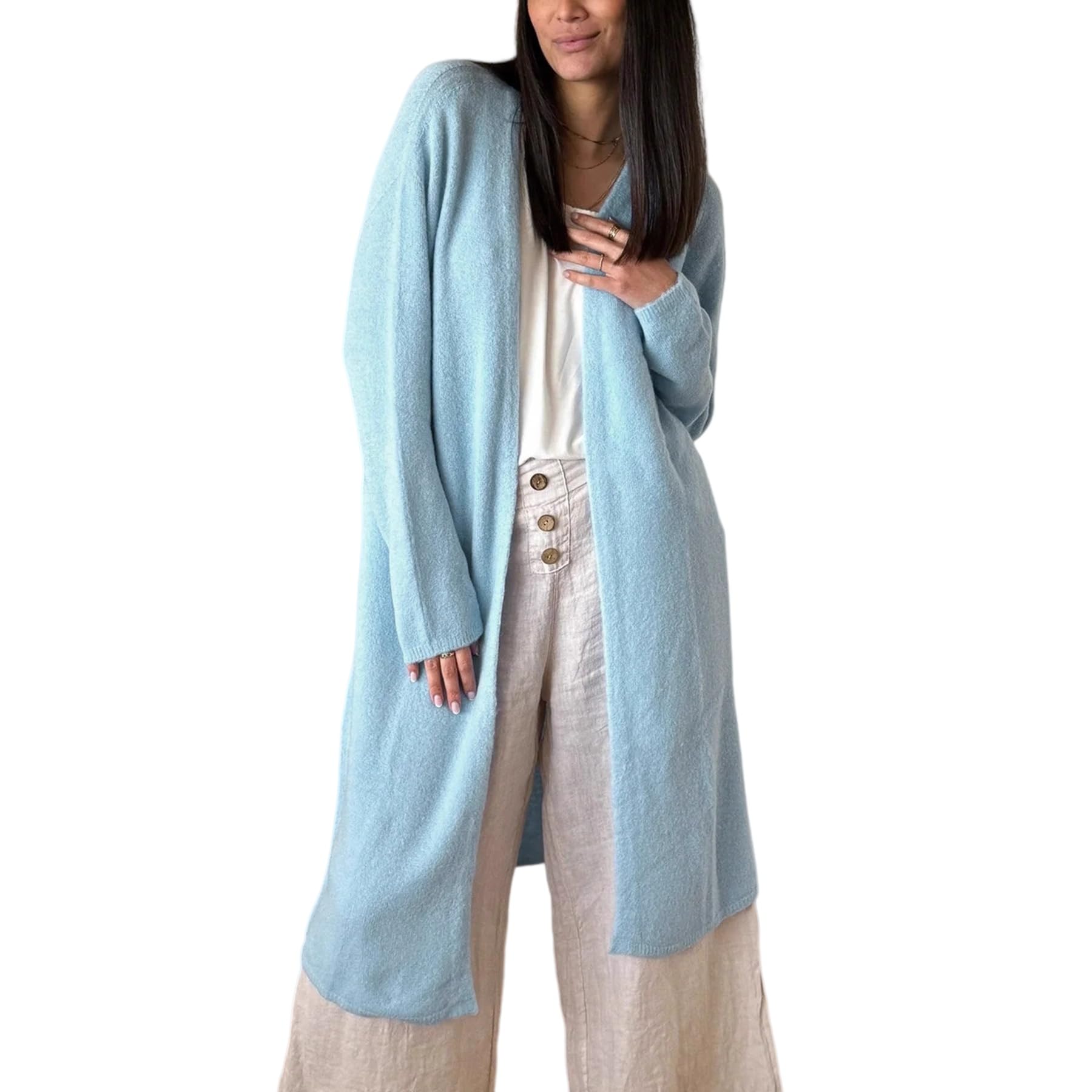 Gilet Long pour Femme Pull Ouvert sur Le Devant Manches Longues Style Maxi | Bleu Clair Ample Décontracté en Maille Épaisse Idéal pour L'Automne l'hiver Les Voyages Et Le Quotidien