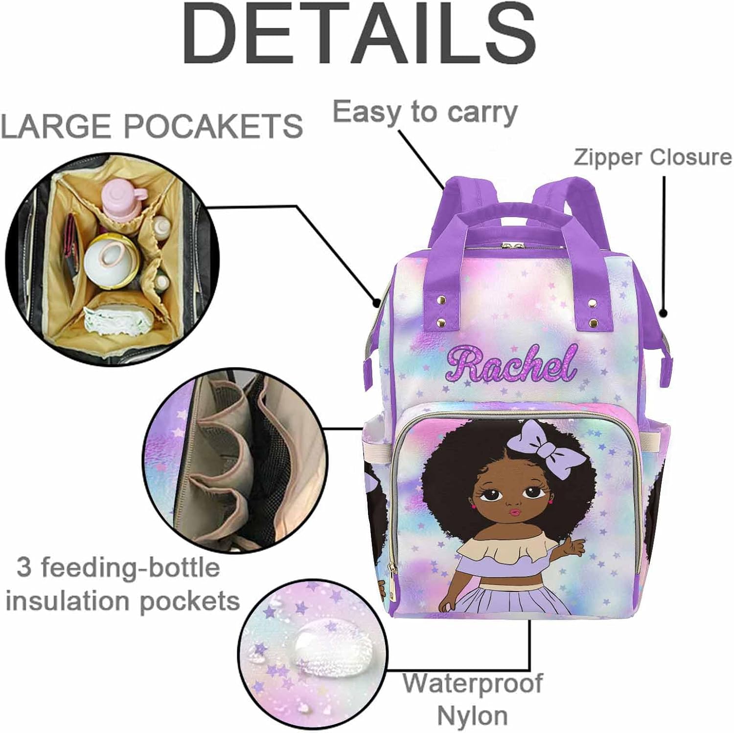 M YESCUSTOM Customized Baby Nappy Bag with Name, Personalized Shining Colorful Pattern Multifunction Diaper Daypack Mommy Nursing Backpack for Travel Birthday Gift for Women