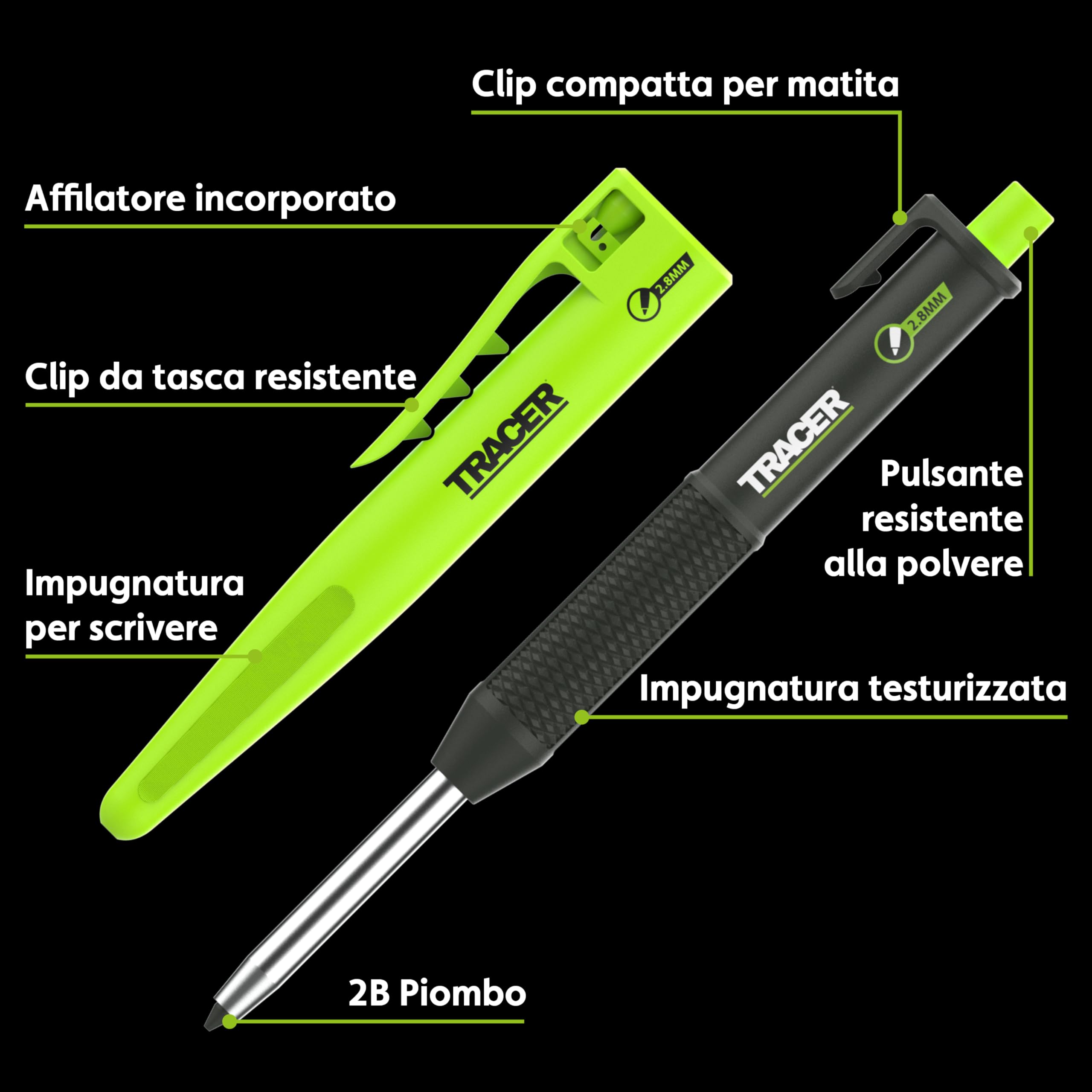 TRACER Pencil 2.0 Matita Carpentiere per Falegnameria – Matita da Cantiere con Holster, Punta 2.8mm per Marcature Profonde in Edilizia