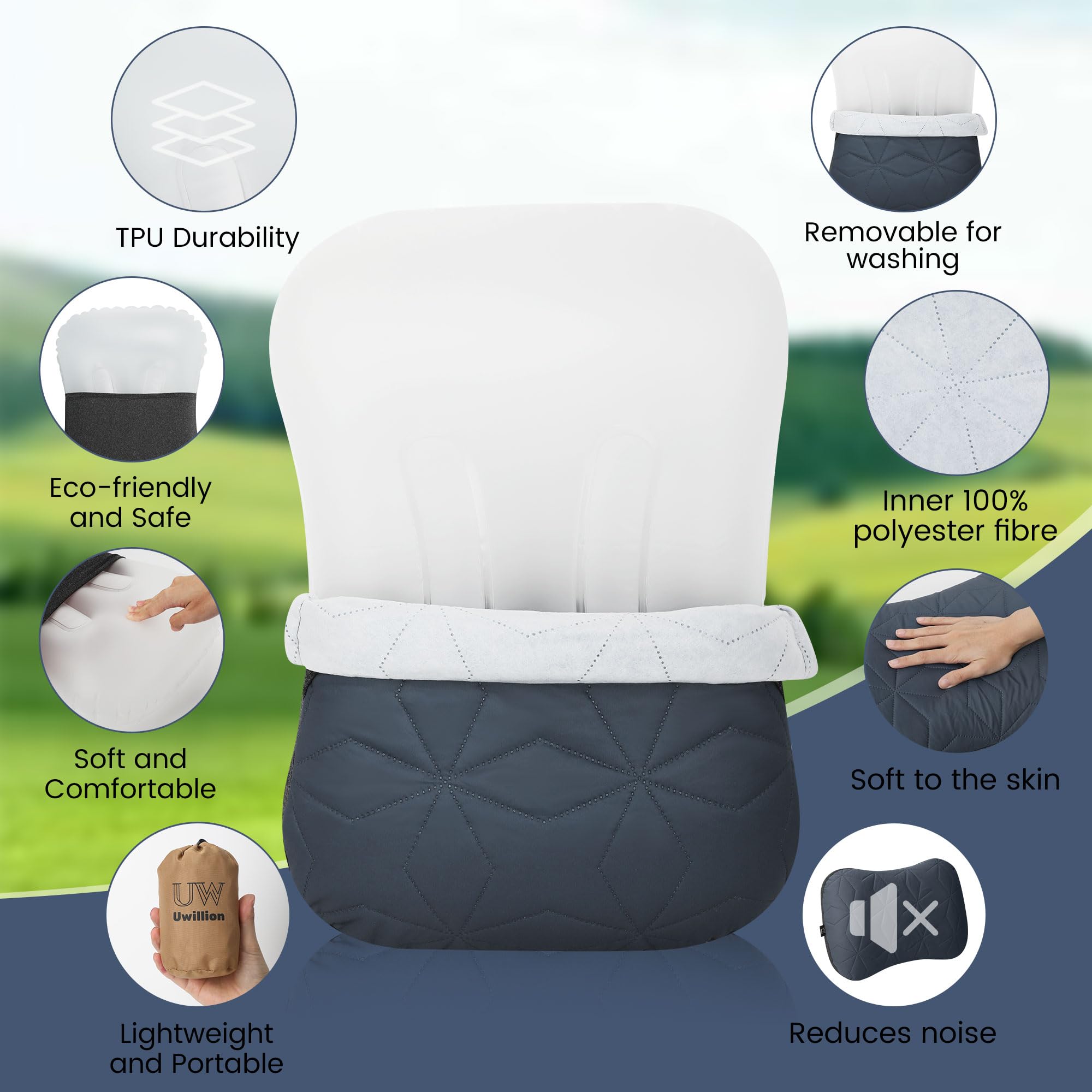 UWILLION Almohada inflable de camping con funda extraíble, almohada inflable ultraligera, ligera, ergonómica y lavable para camping, senderismo y viajes, color gris